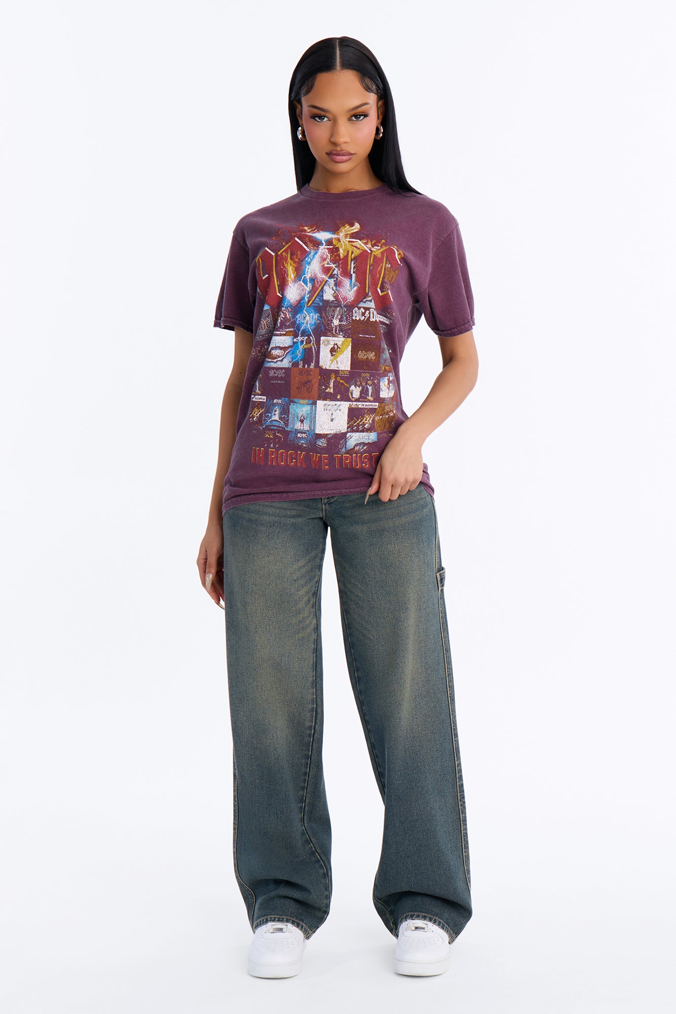 ACDC In Rock We Trust Oversized Tee - Burgundy