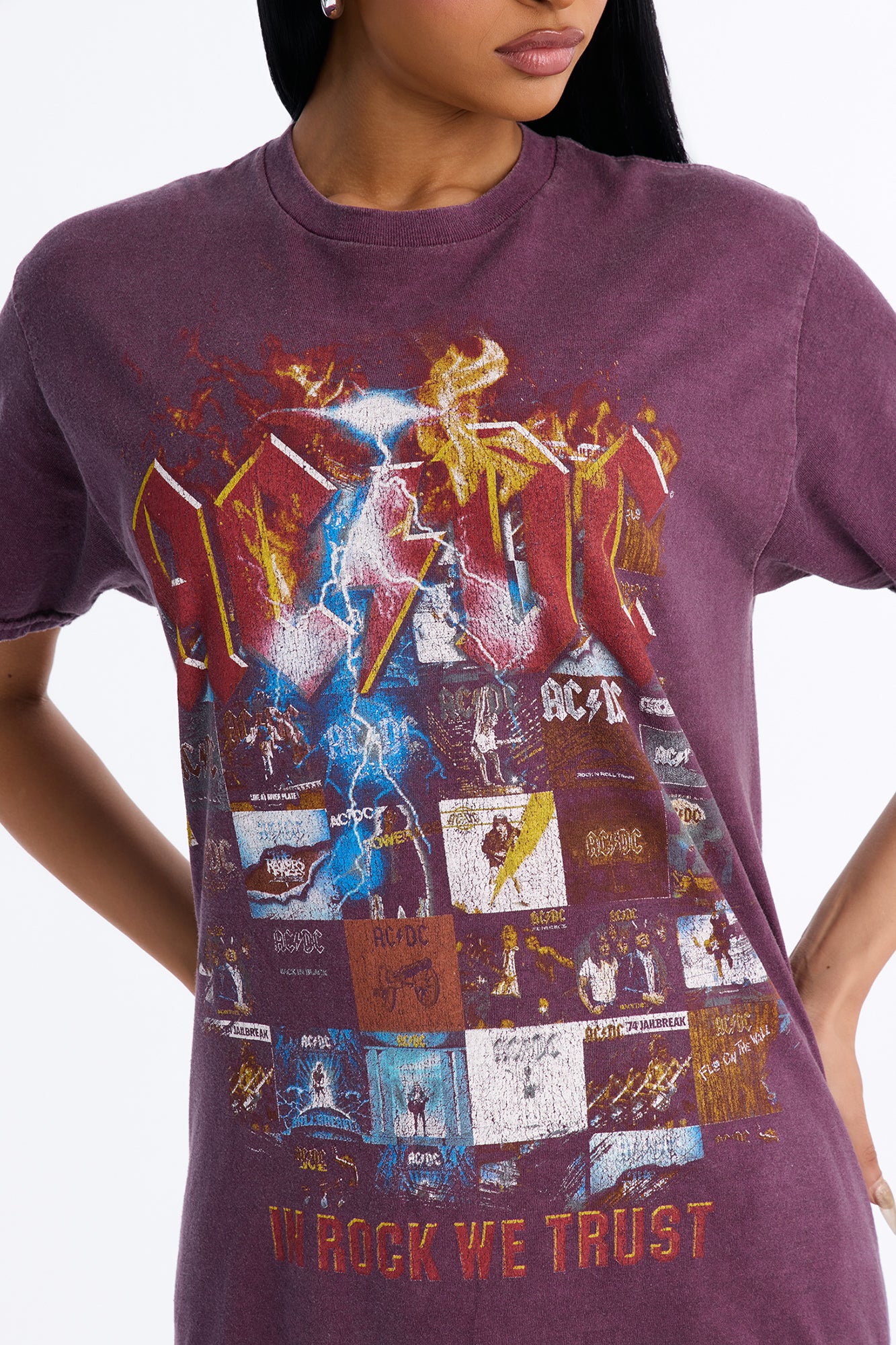 ACDC In Rock We Trust Oversized Tee - Burgundy