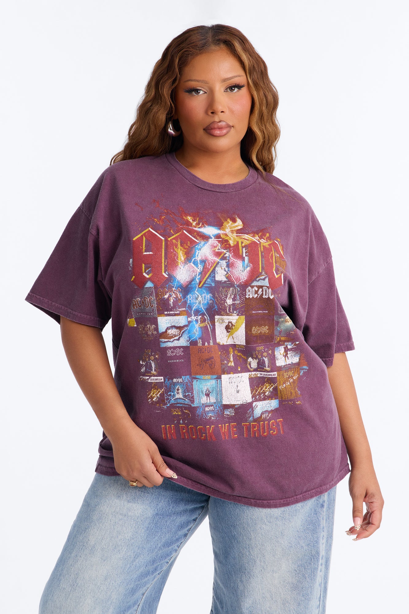 ACDC In Rock We Trust Oversized Tee - Burgundy