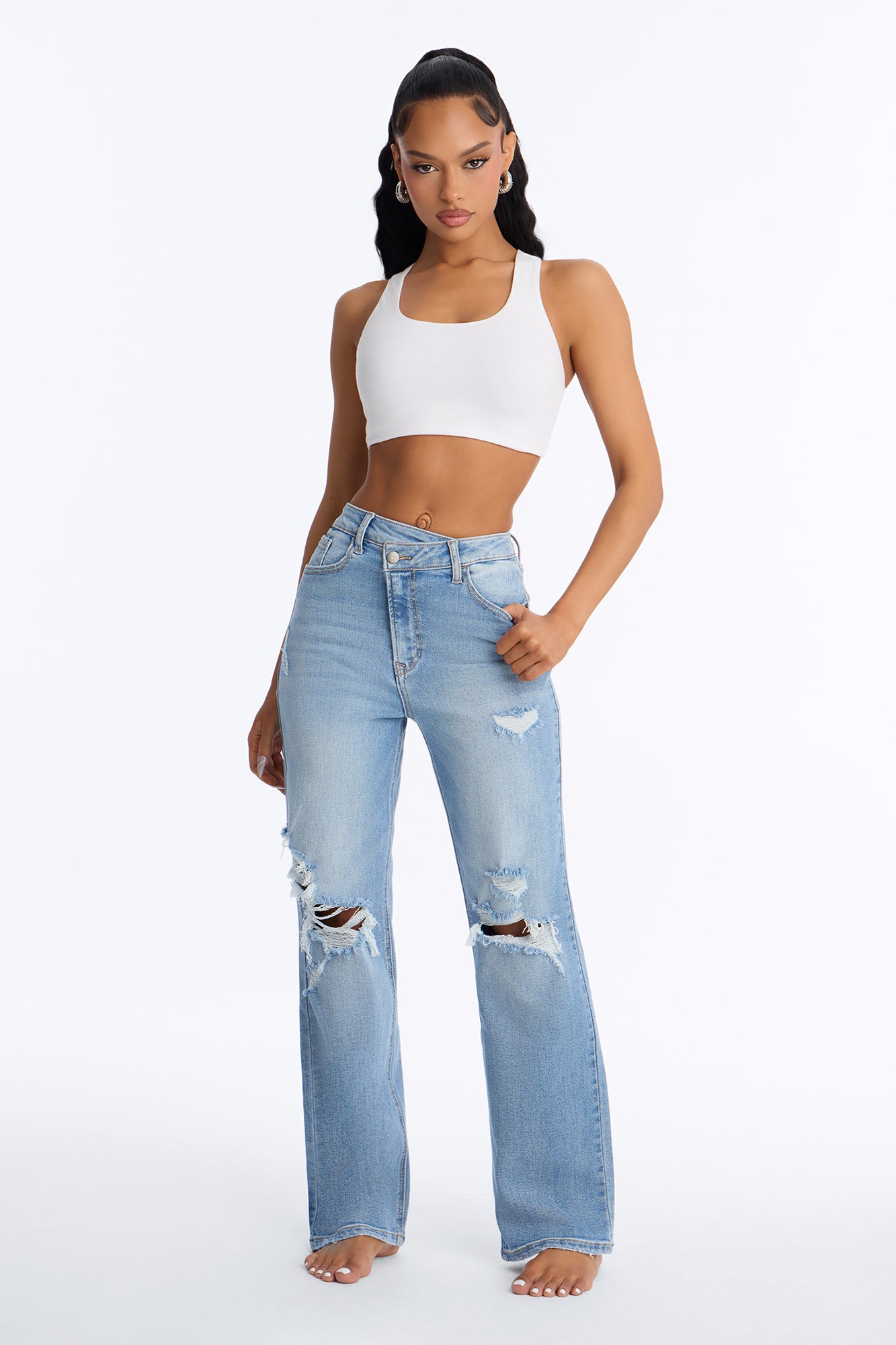 Petite Iconic Crossover Straight Leg Jeans - Light Wash
