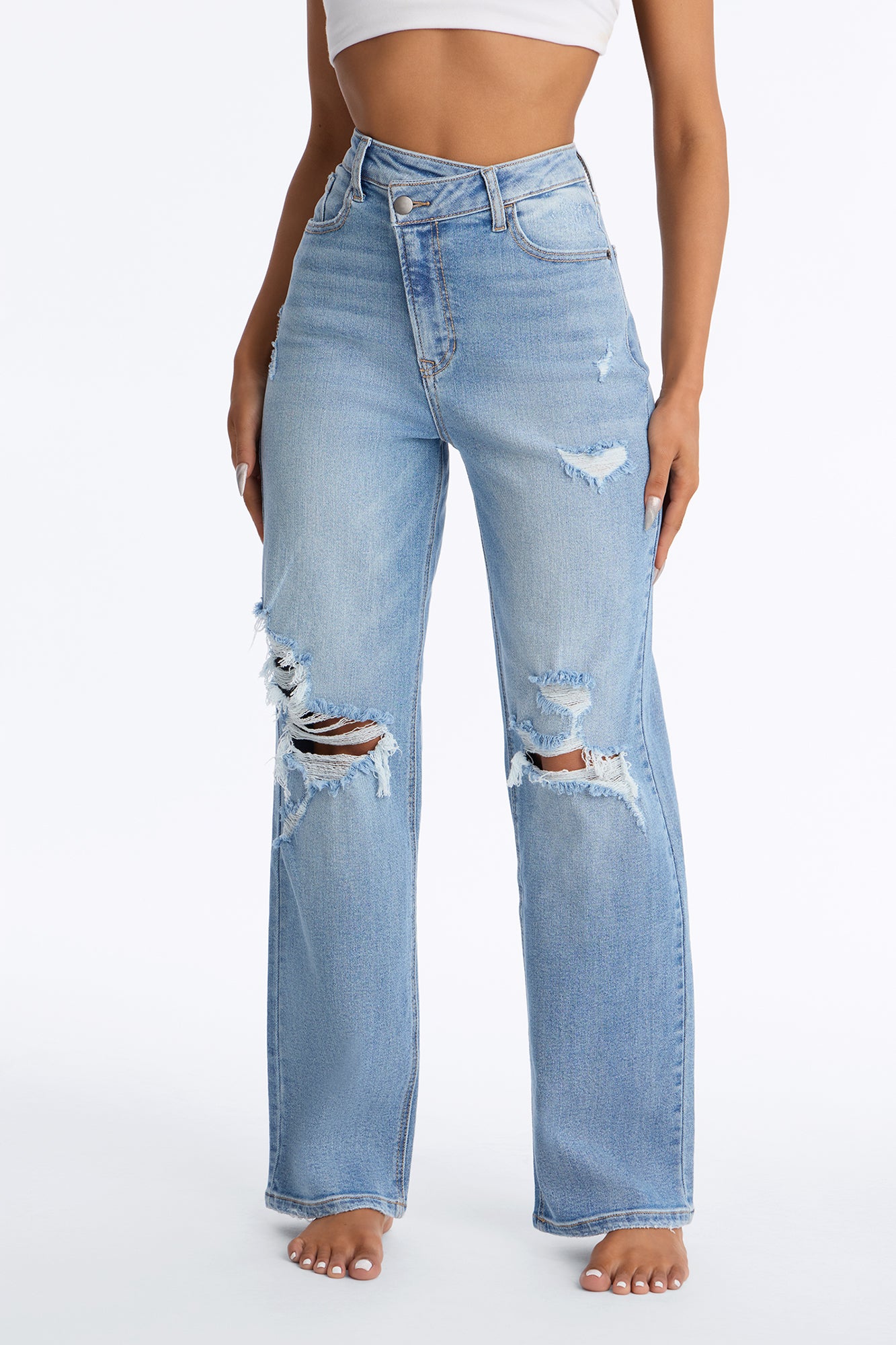 Petite Iconic Crossover Straight Leg Jeans - Light Wash