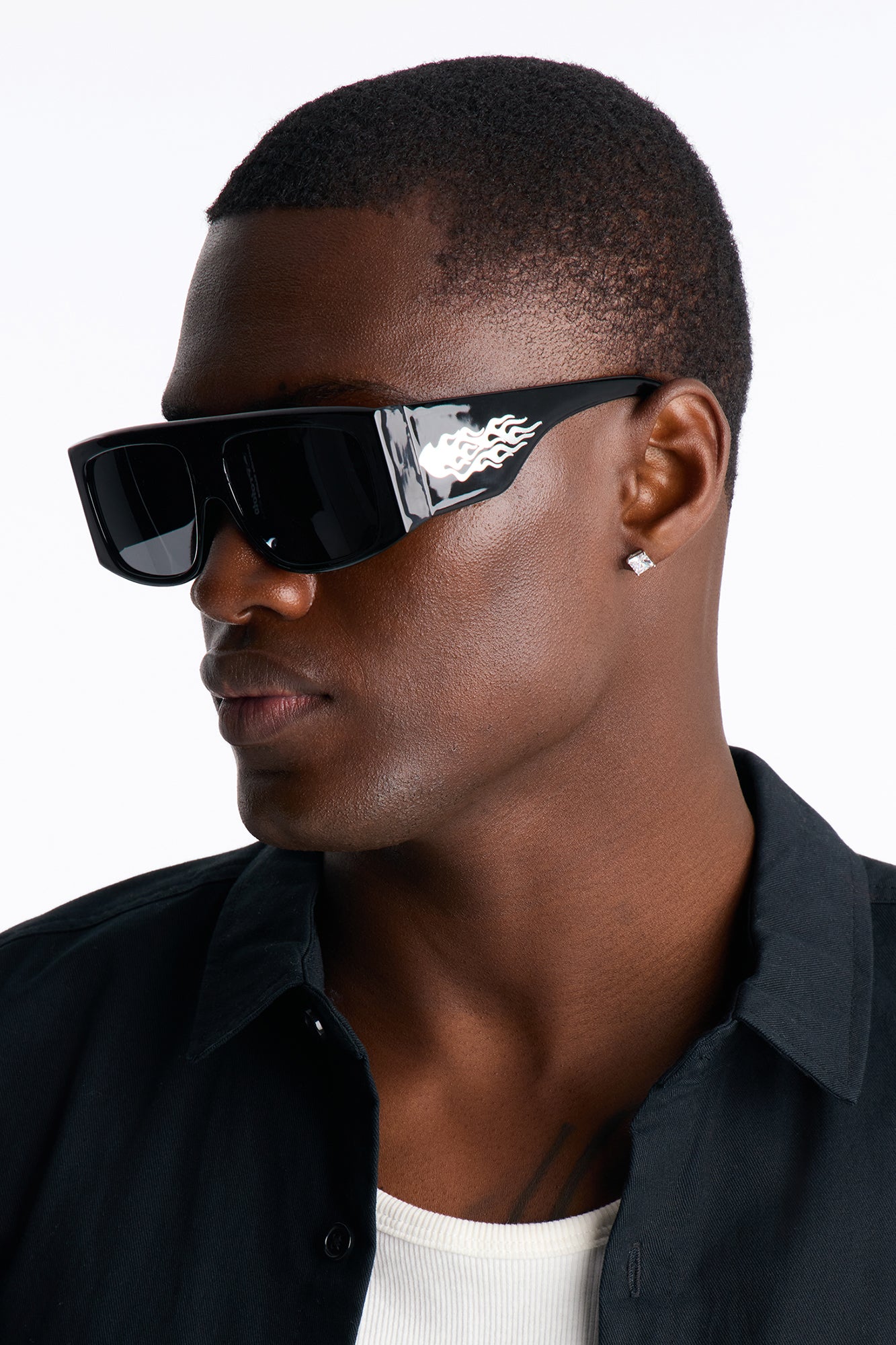 Metallic Flames Flat Top Square Frame Sunglasses - Black/Black
