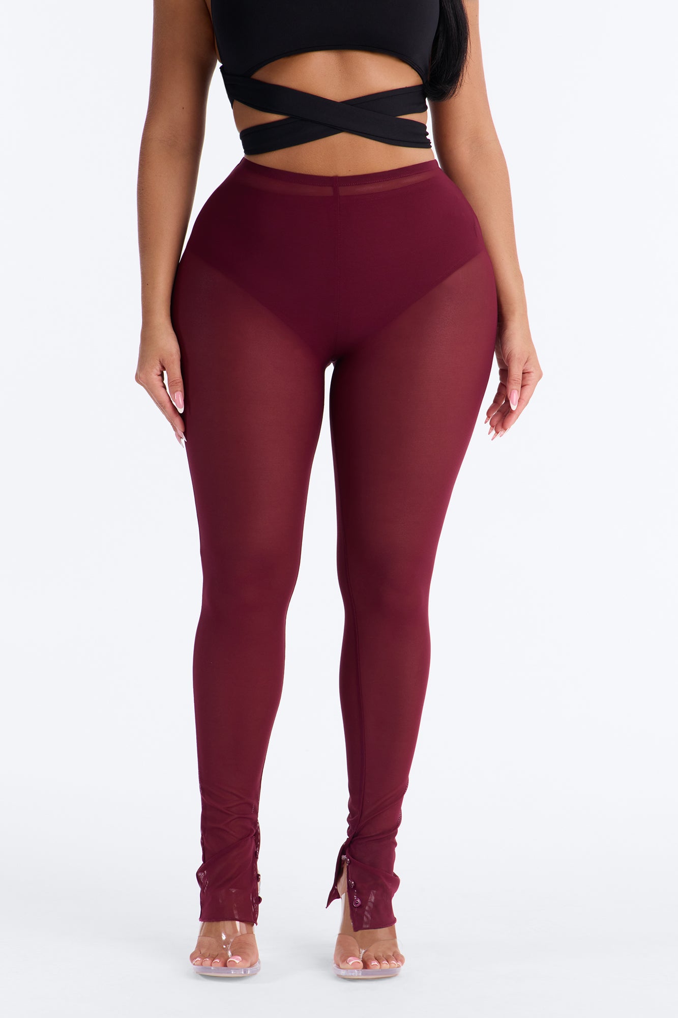 Power Mesh High Waisted Leggings - Wine