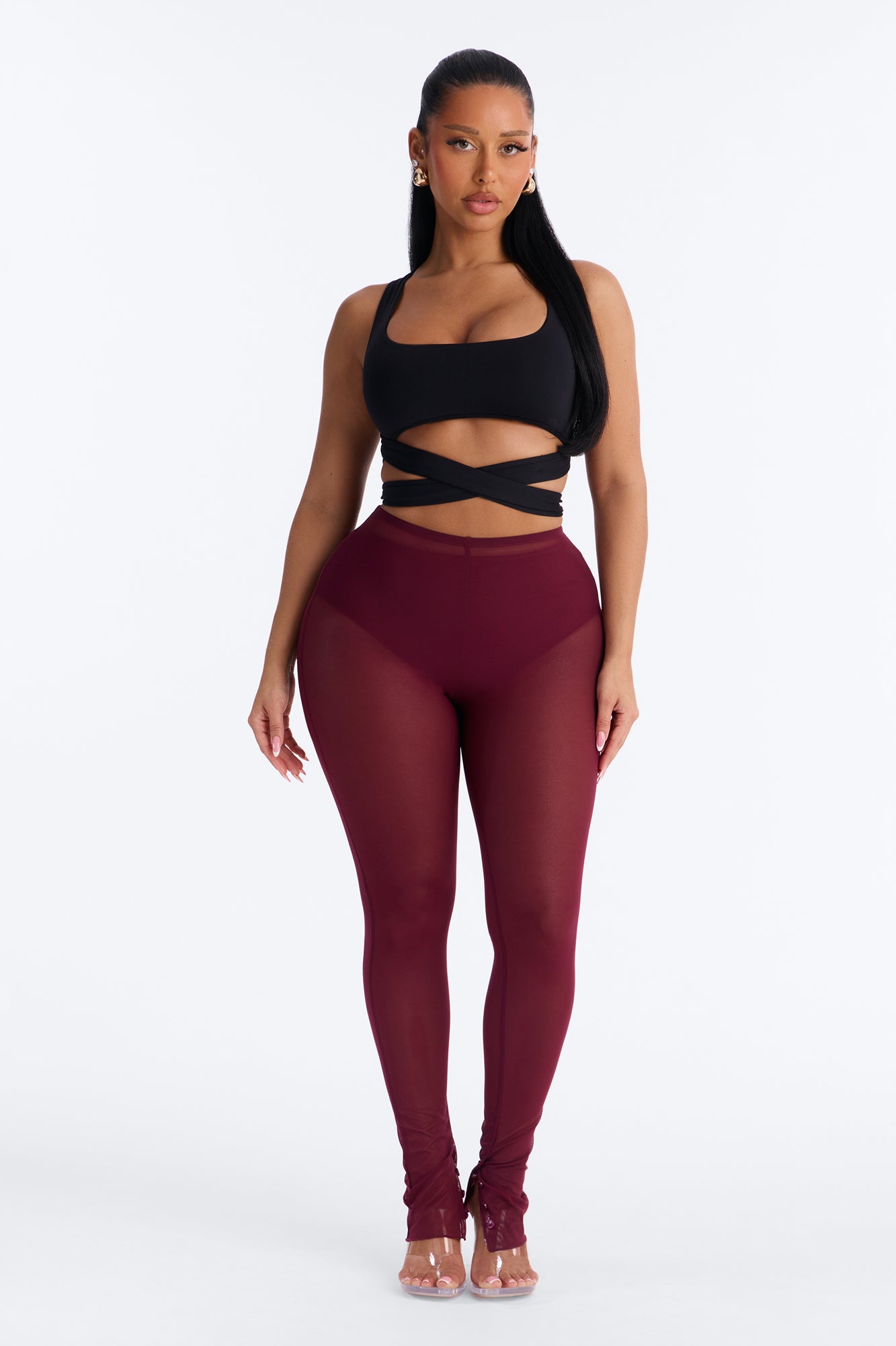 Power Mesh High Waisted Leggings - Wine