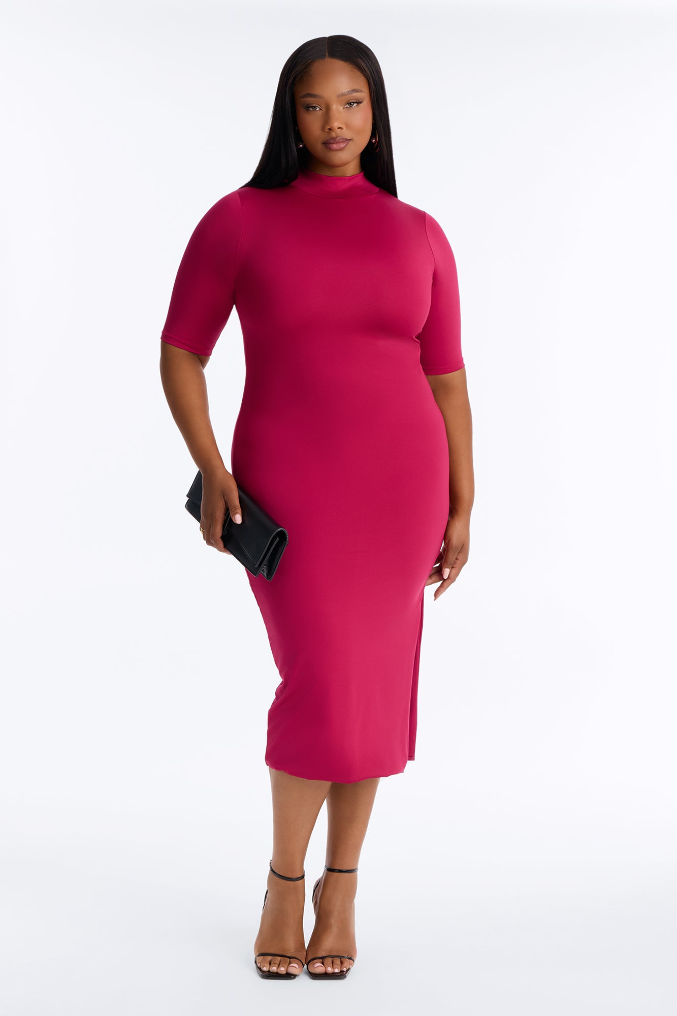 Contour Double Lined Turtle Neck Midi Dress - Raspberry