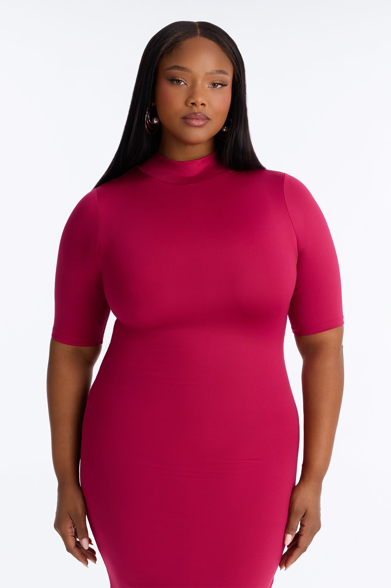 Contour Double Lined Turtle Neck Midi Dress - Raspberry