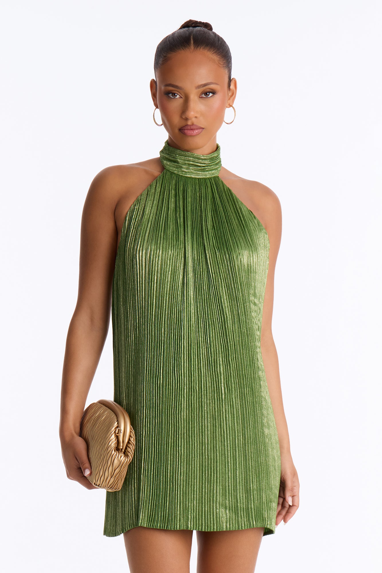 Pop Off Pleated Metallic Mini Dress - Sage