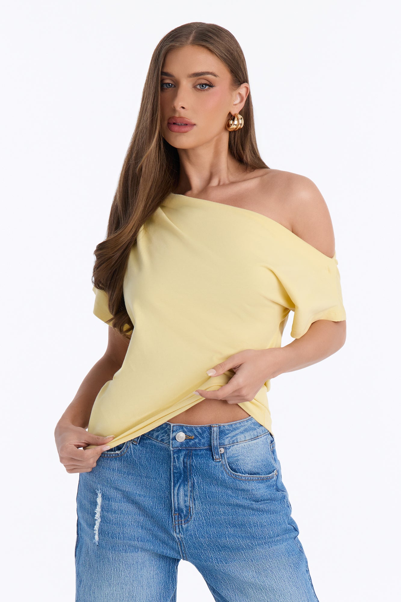 City Lounge Off Shoulder Short Sleeve T-Shirt - Butter Yellow