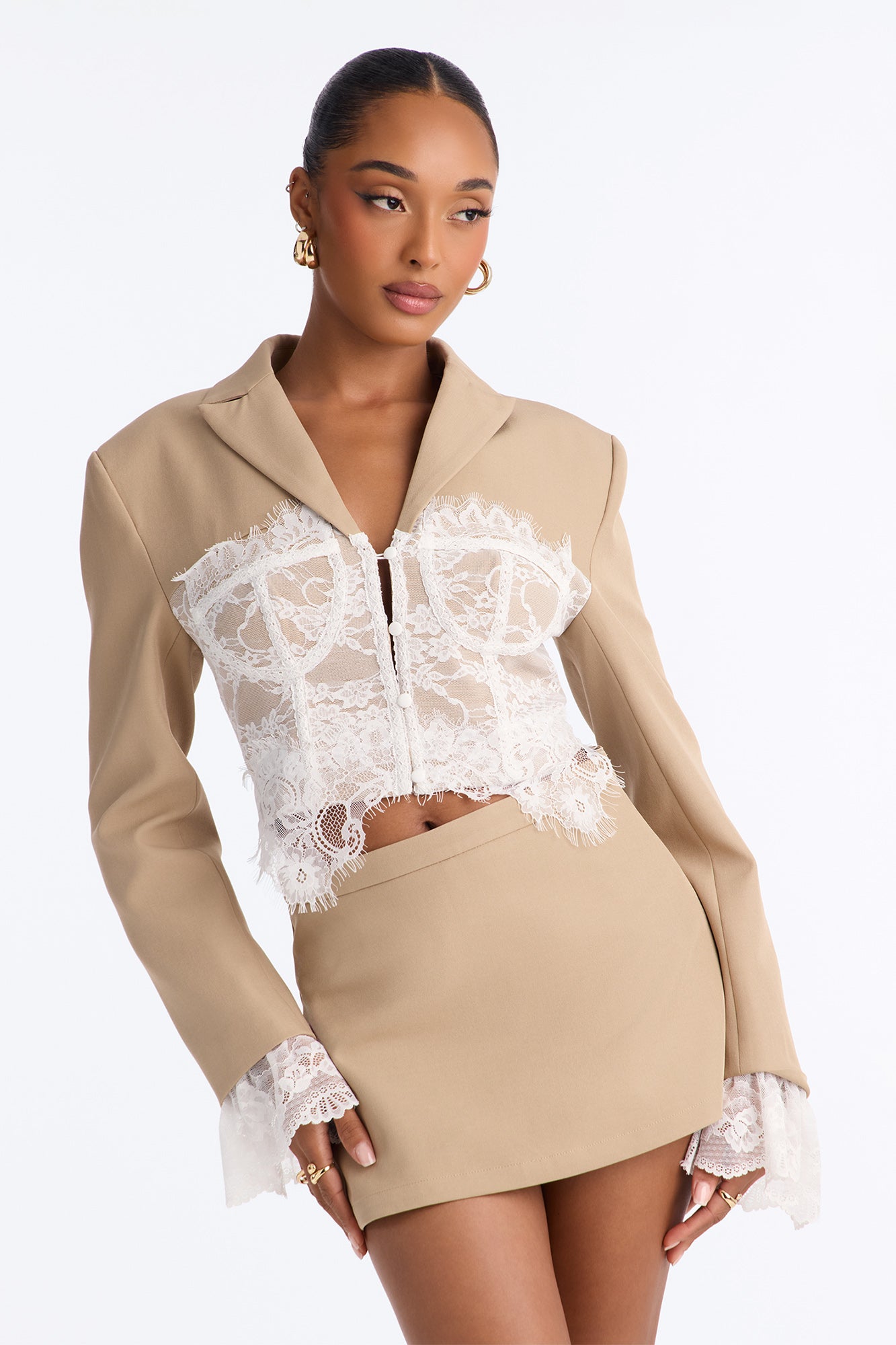 Pretty Sharp Lace Corset Blazer Skort Set - Taupe