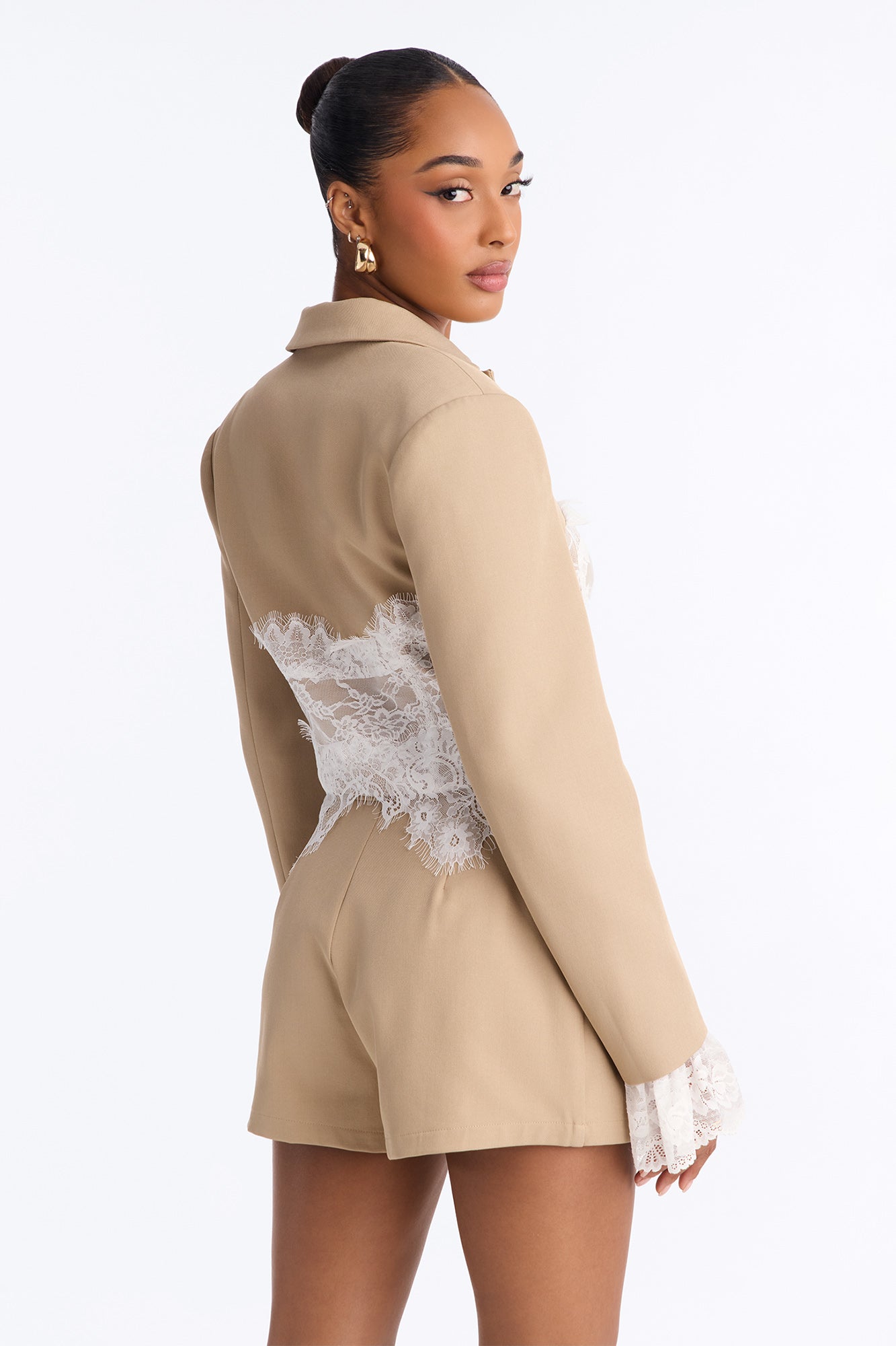 Pretty Sharp Lace Corset Blazer Skort Set - Taupe