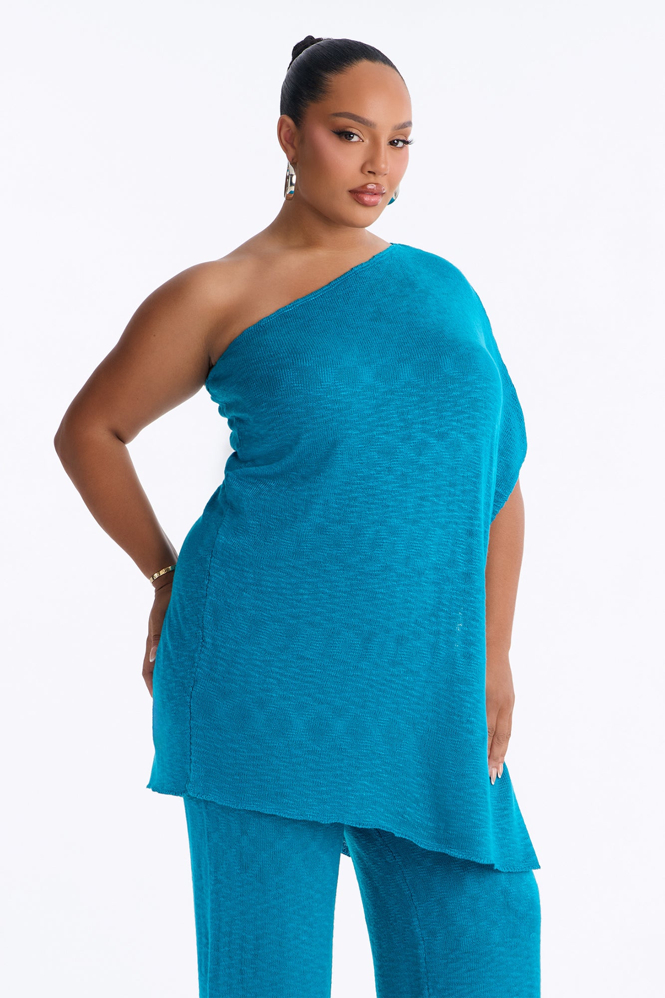 Solia One Shoulder Sweater Pant Set - Teal