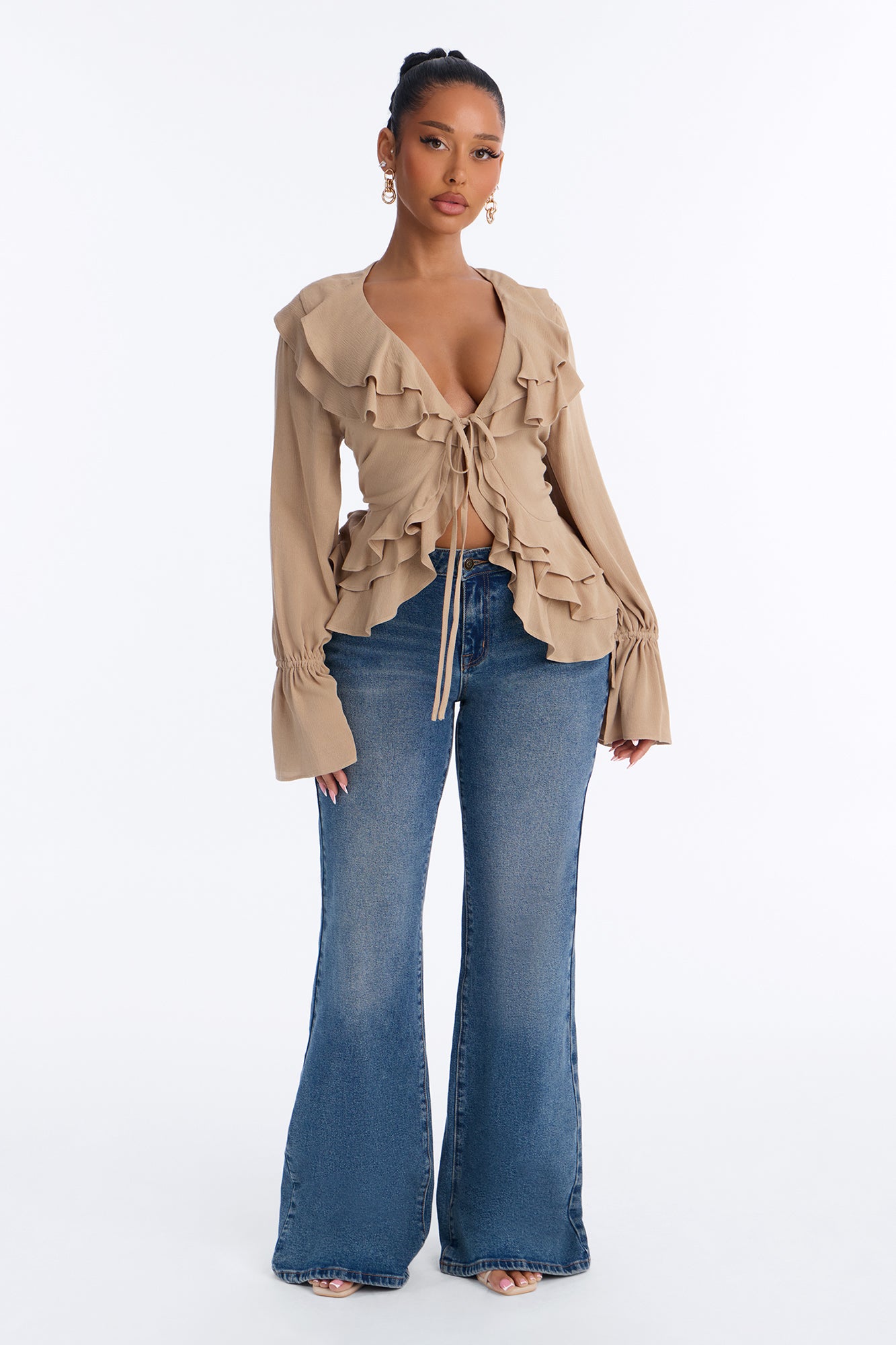 Summer Crush Ruffle Tie Front Flyaway Top - Mocha