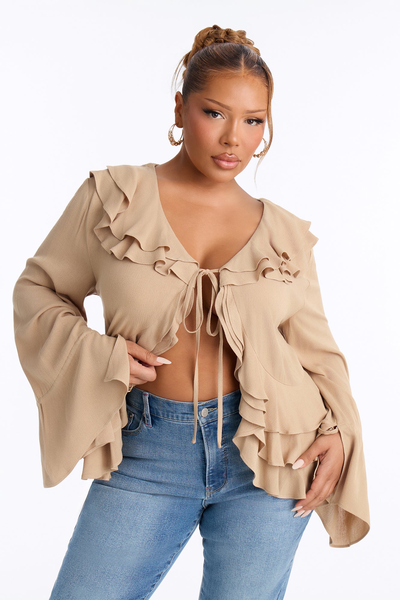 Summer Crush Ruffle Tie Front Flyaway Top - Mocha