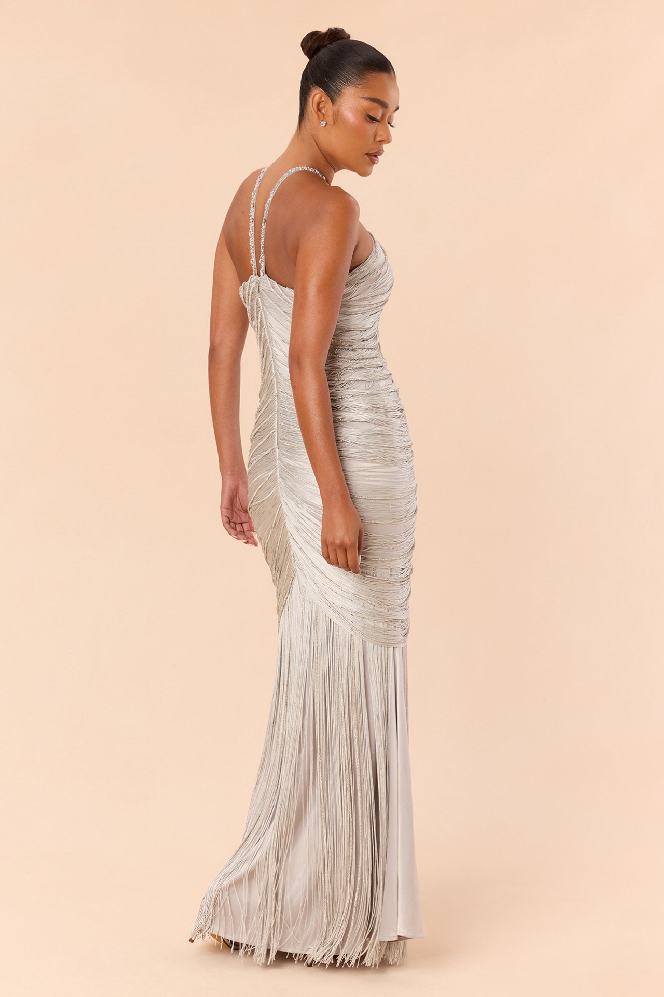Tell Me About It Satin Fringe Gown - Silver