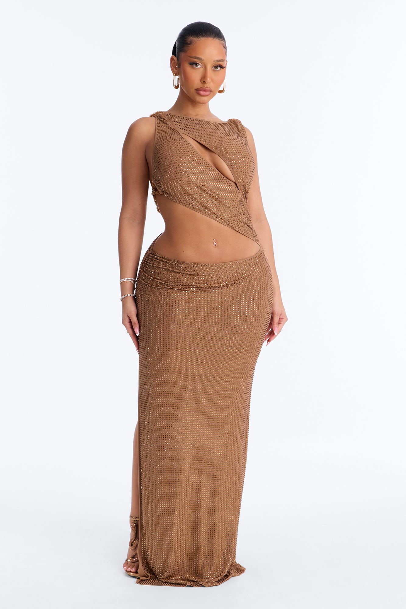Glam Vibe Rhinestone Maxi Dress - Tan