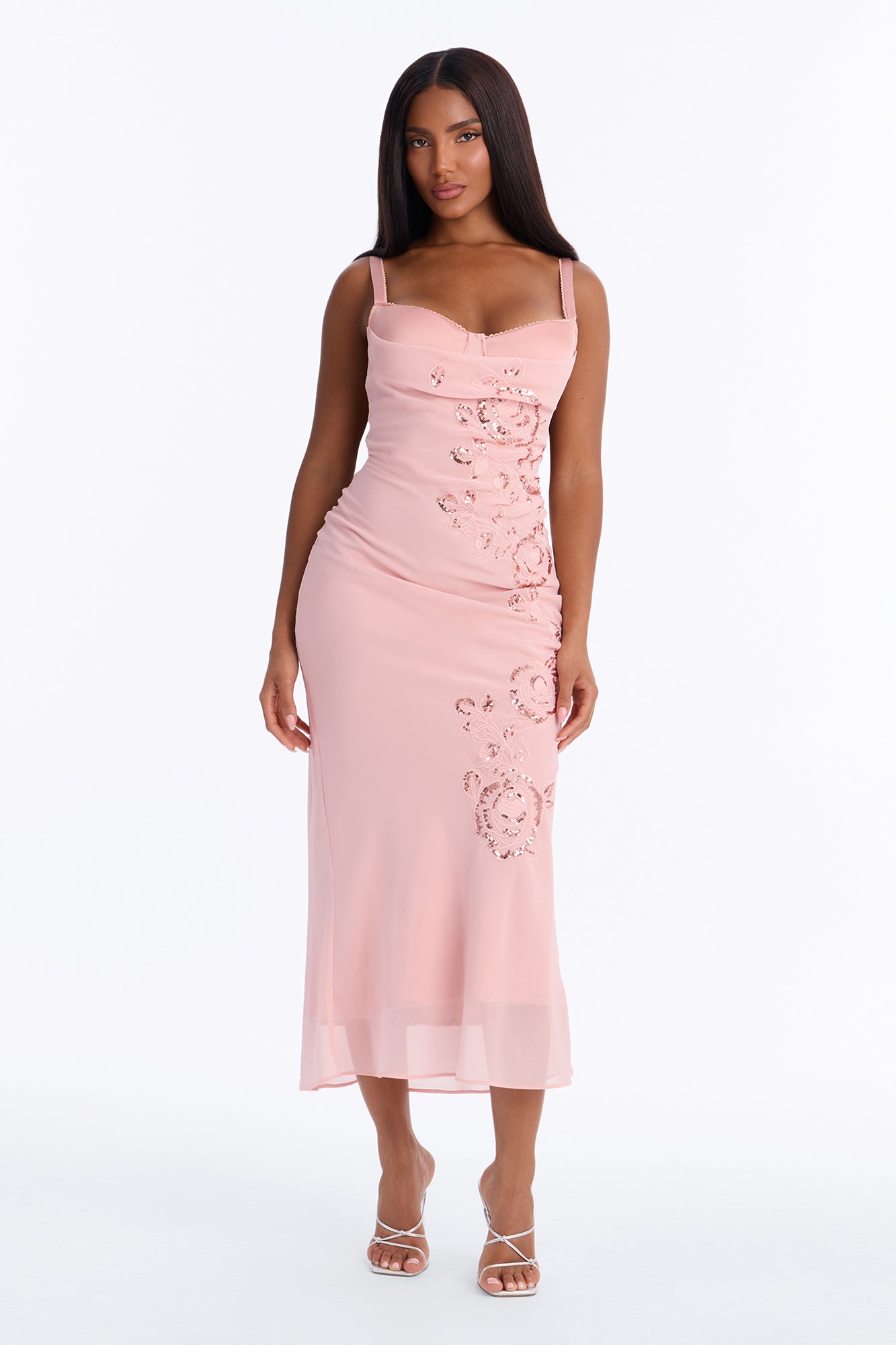 All The Love Embellished Chiffon Midi Dress - Light Pink