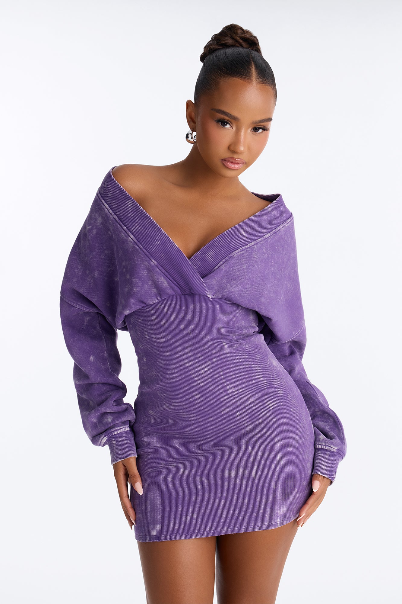 Amara Fleece Off Shoulder Sweatshirt Mini Dress - Purple