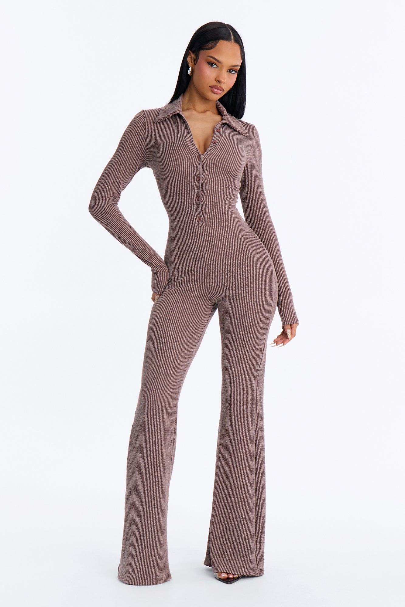Noelia Ribbed Long Sleeve Jumpsuit - Chocolate