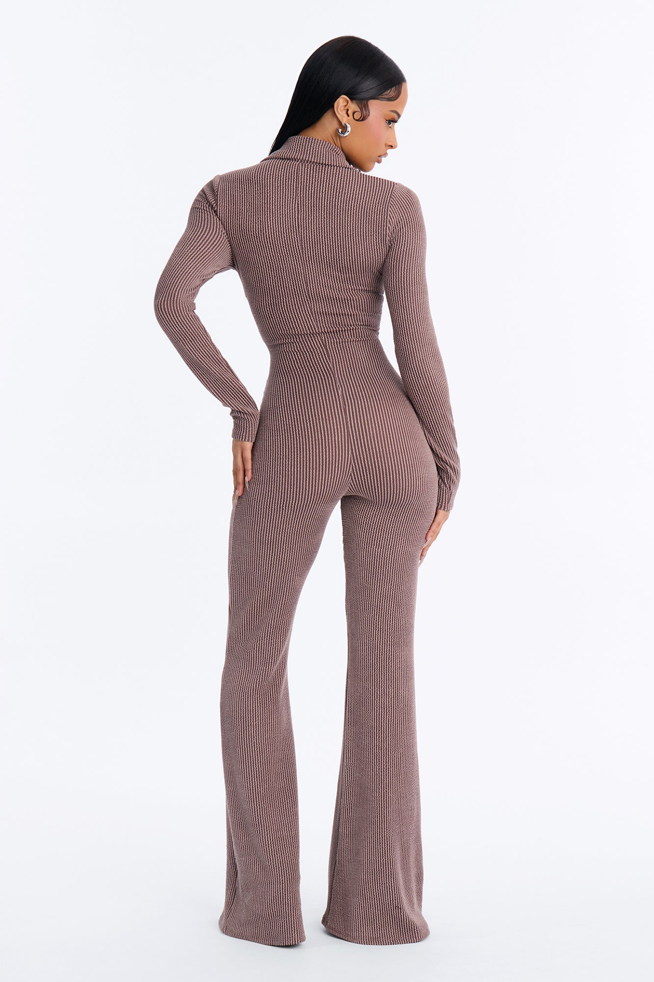 Noelia Ribbed Long Sleeve Jumpsuit - Chocolate