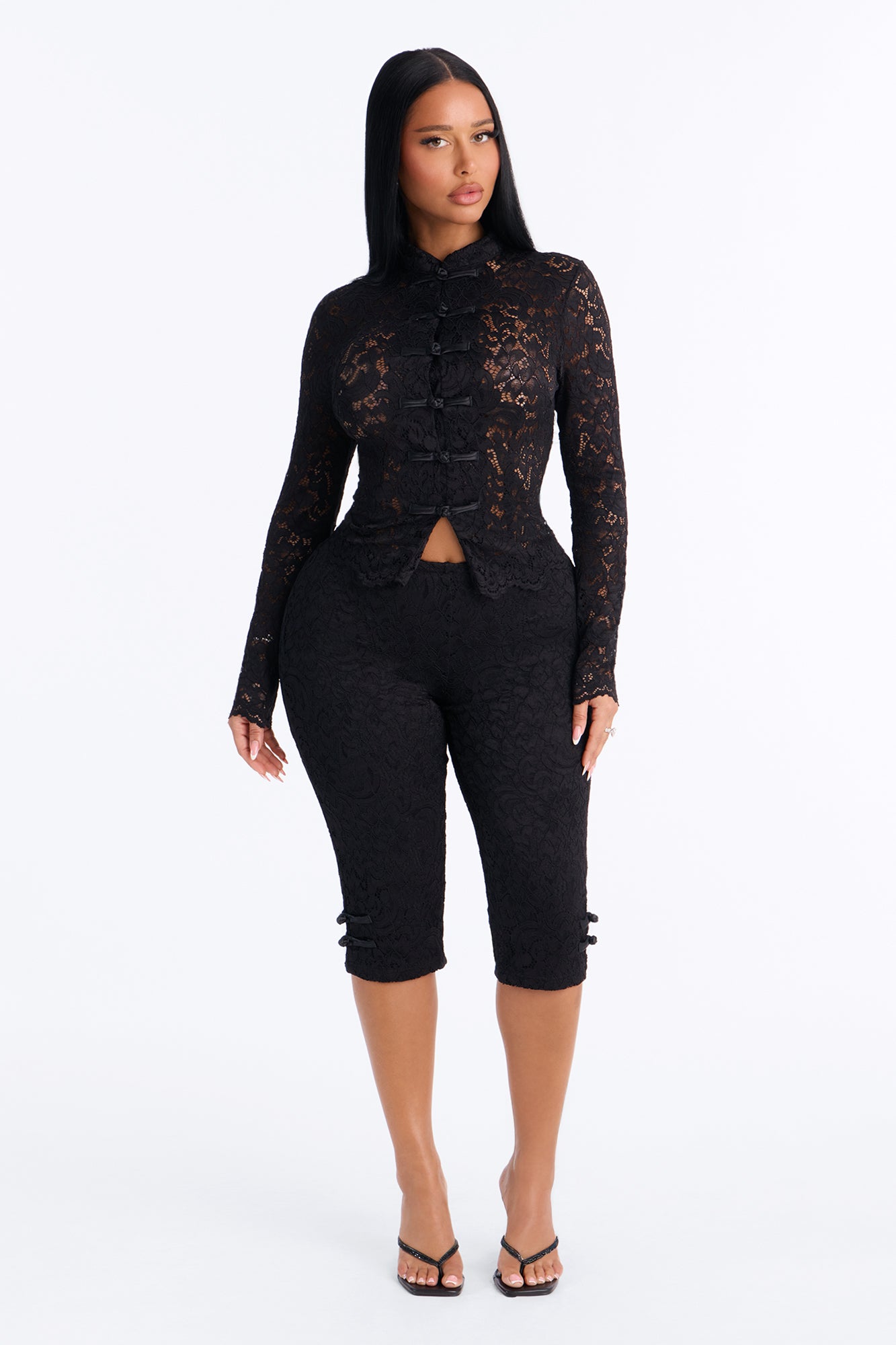 Le Fleur Lace Long Sleeve Capri Set - Black