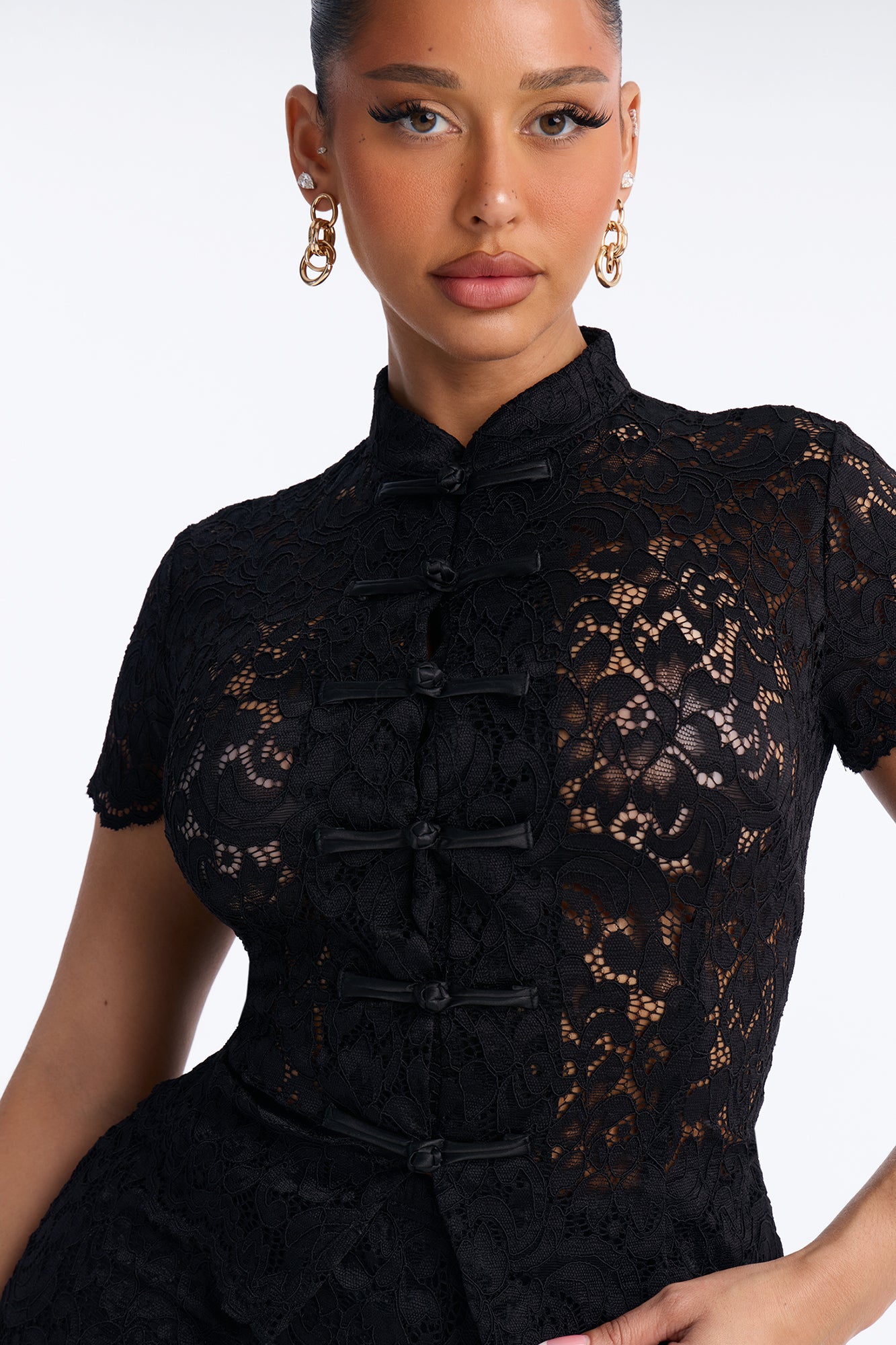 Le Fleur Lace Short Sleeve Pant Set - Black