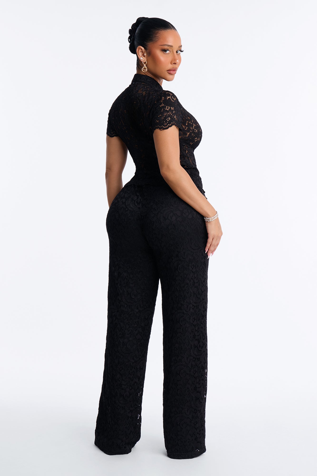 Le Fleur Lace Short Sleeve Pant Set - Black