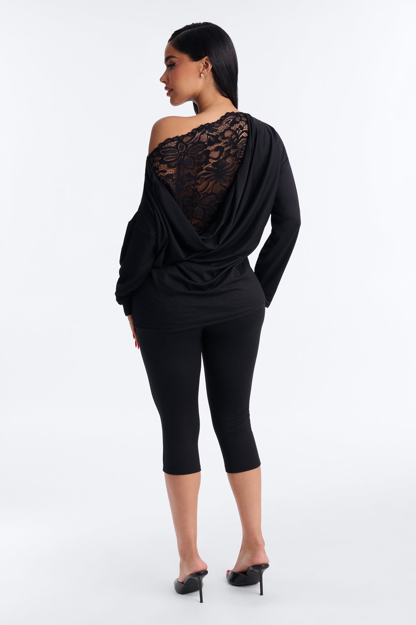 Adrianna Draped Laced Back Capri Set - Black