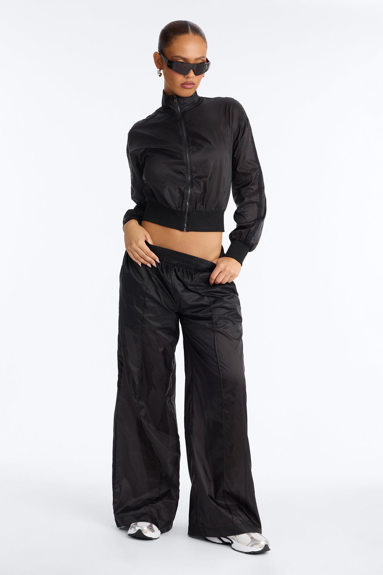 Raya Sheer Windbreaker Pant Set - Black