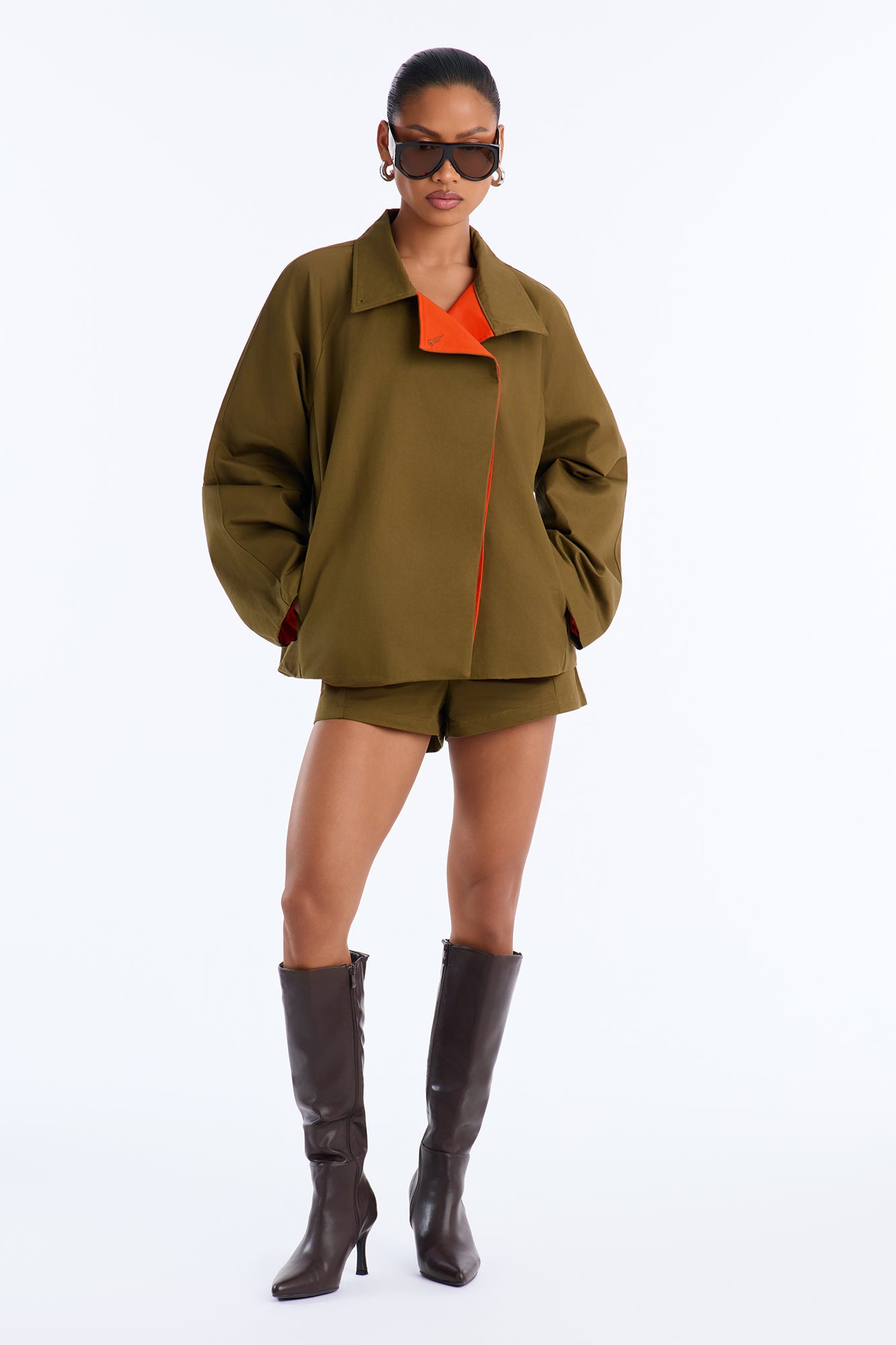 All About Contrast Mock Jacket And Short Set - Olive