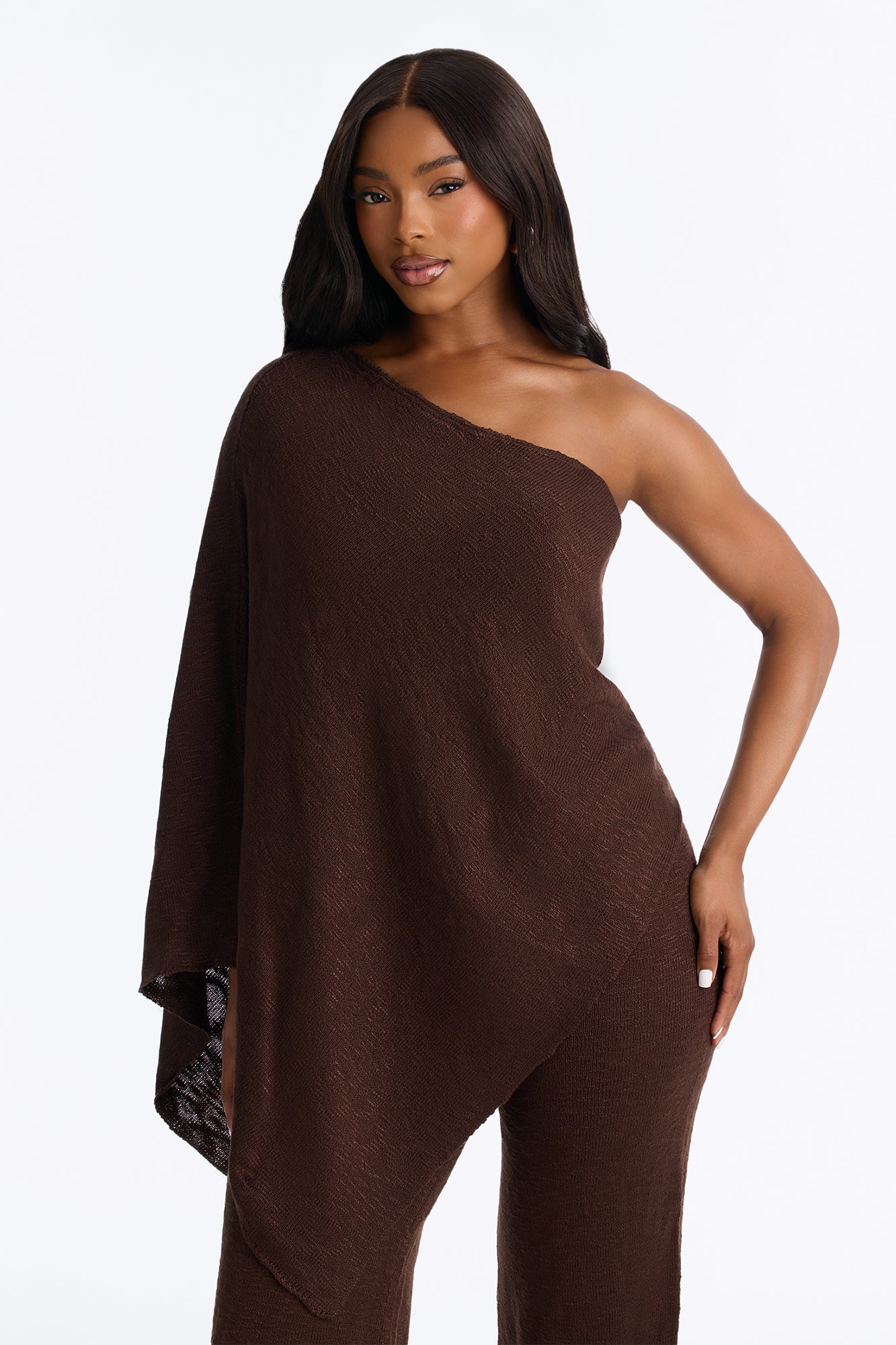 Solia One Shoulder Sweater Pant Set - Chocolate