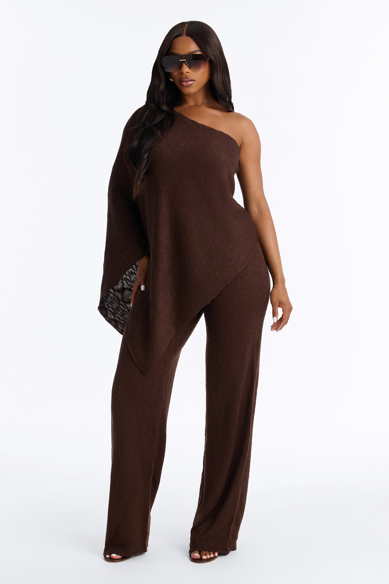 Solia One Shoulder Sweater Pant Set - Chocolate
