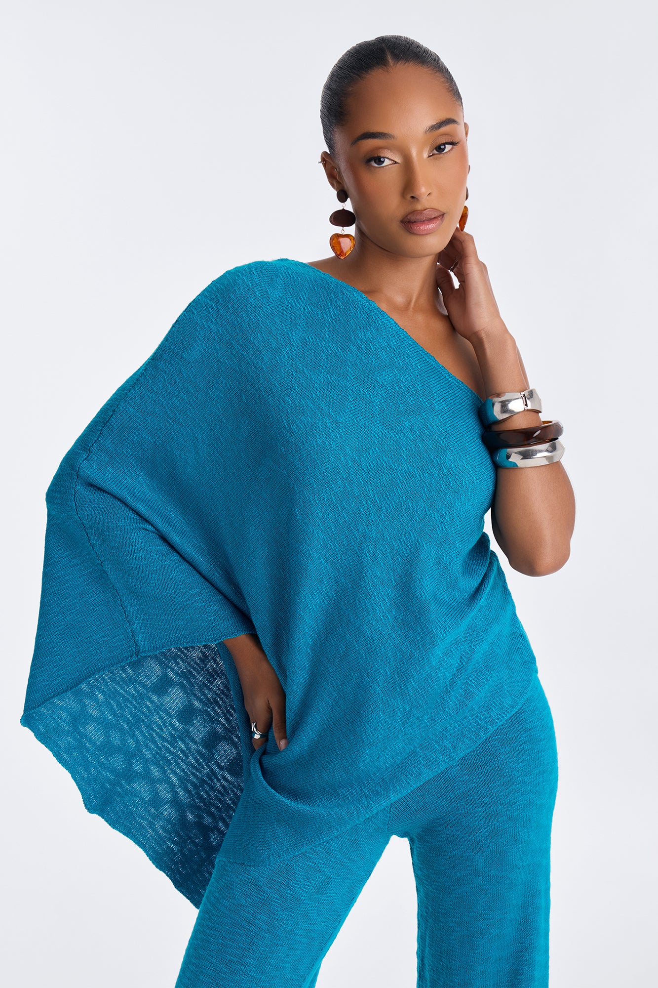 Solia One Shoulder Sweater Pant Set - Teal
