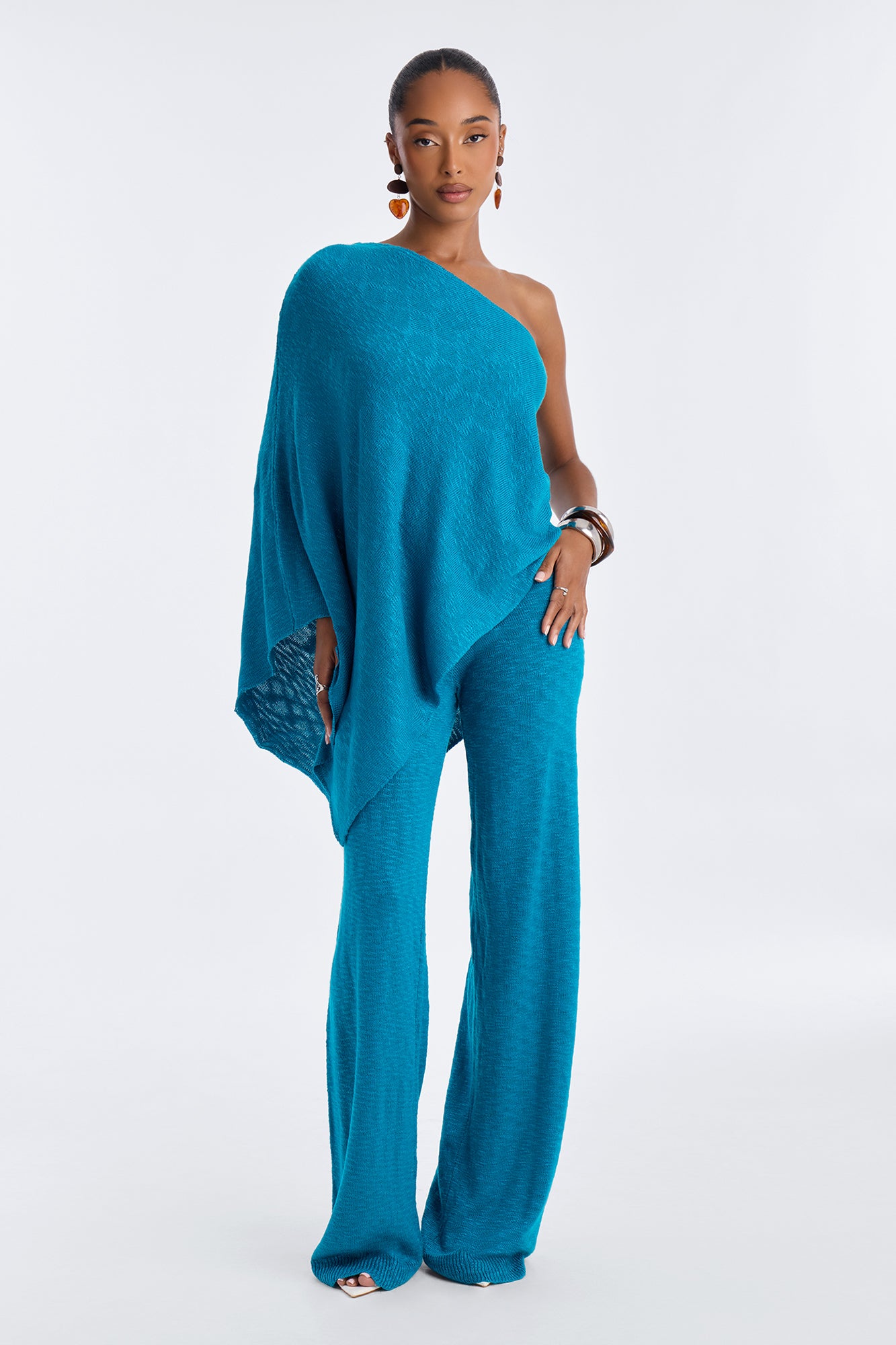 Solia One Shoulder Sweater Pant Set - Teal