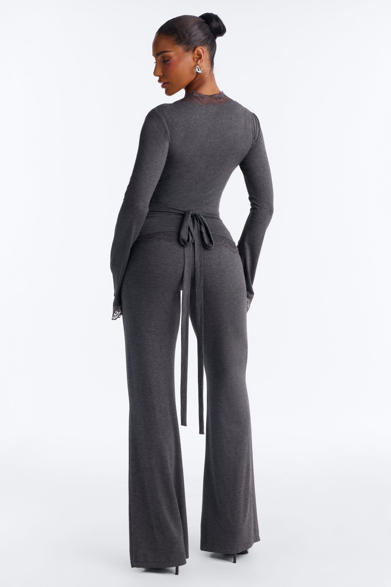 Danielle Lace Trim Wrap Pant Set - Charcoal