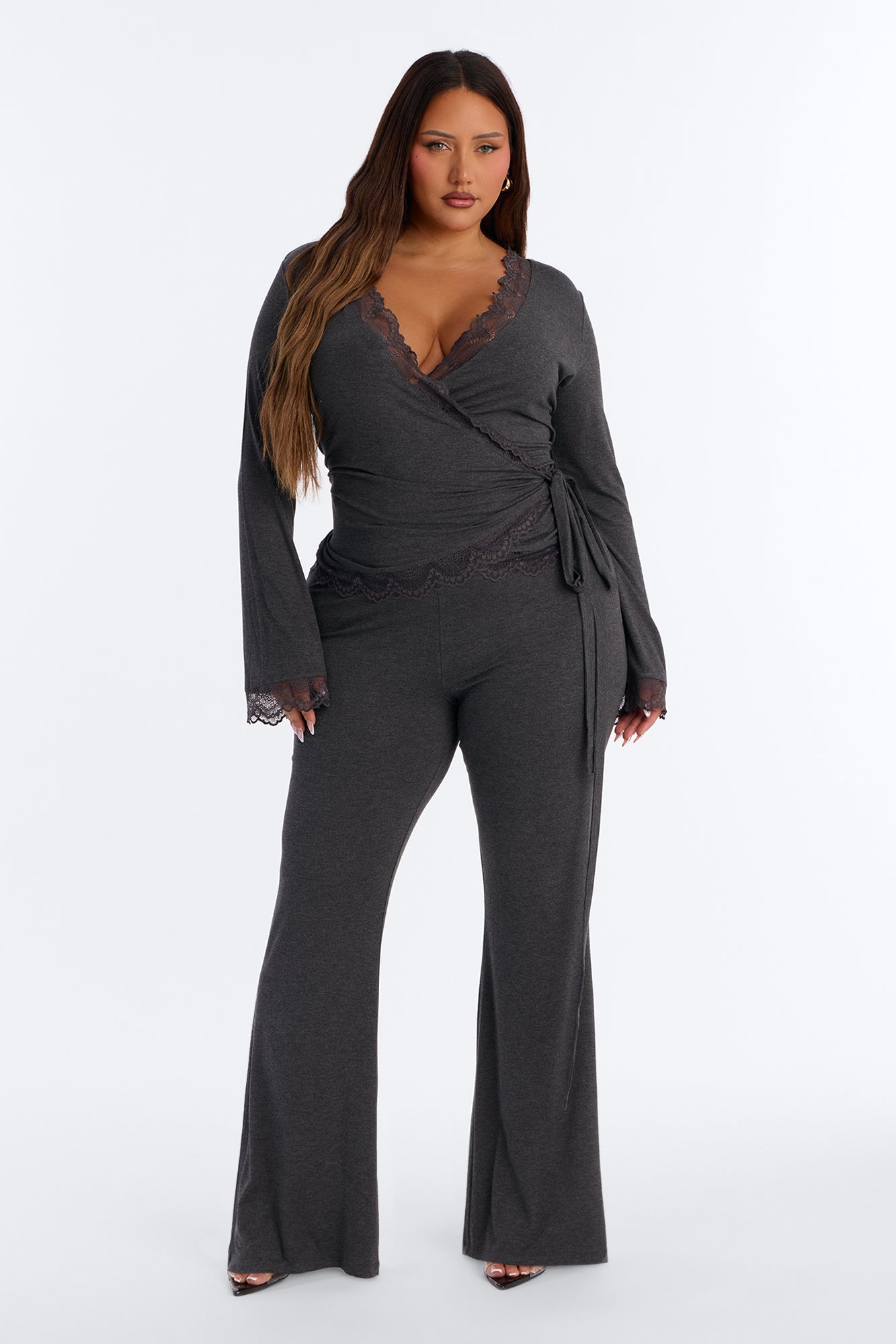 Danielle Lace Trim Wrap Pant Set - Charcoal