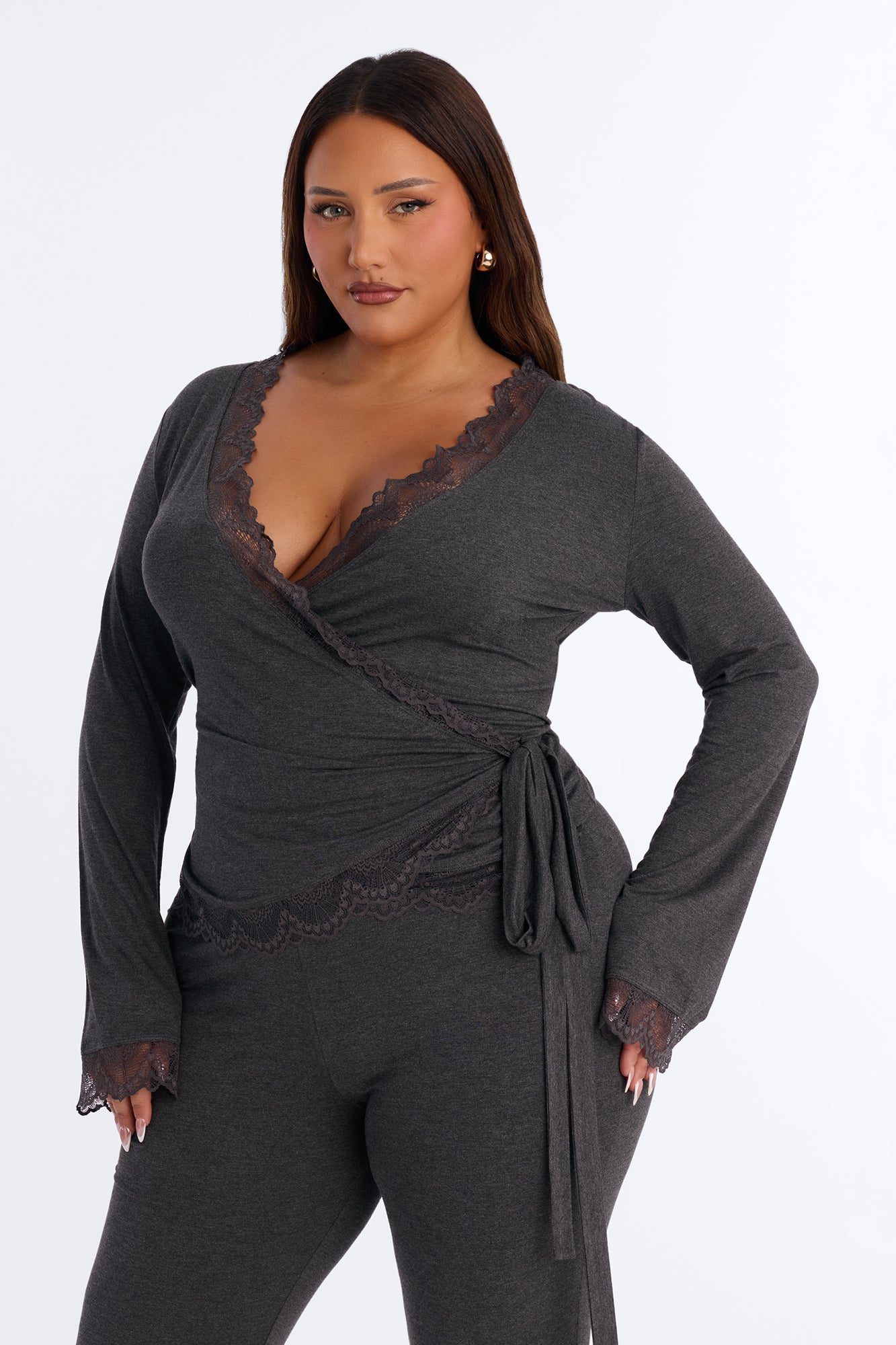 Danielle Lace Trim Wrap Pant Set - Charcoal