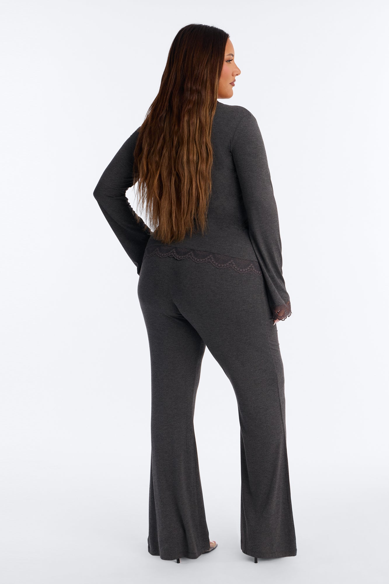 Danielle Lace Trim Wrap Pant Set - Charcoal