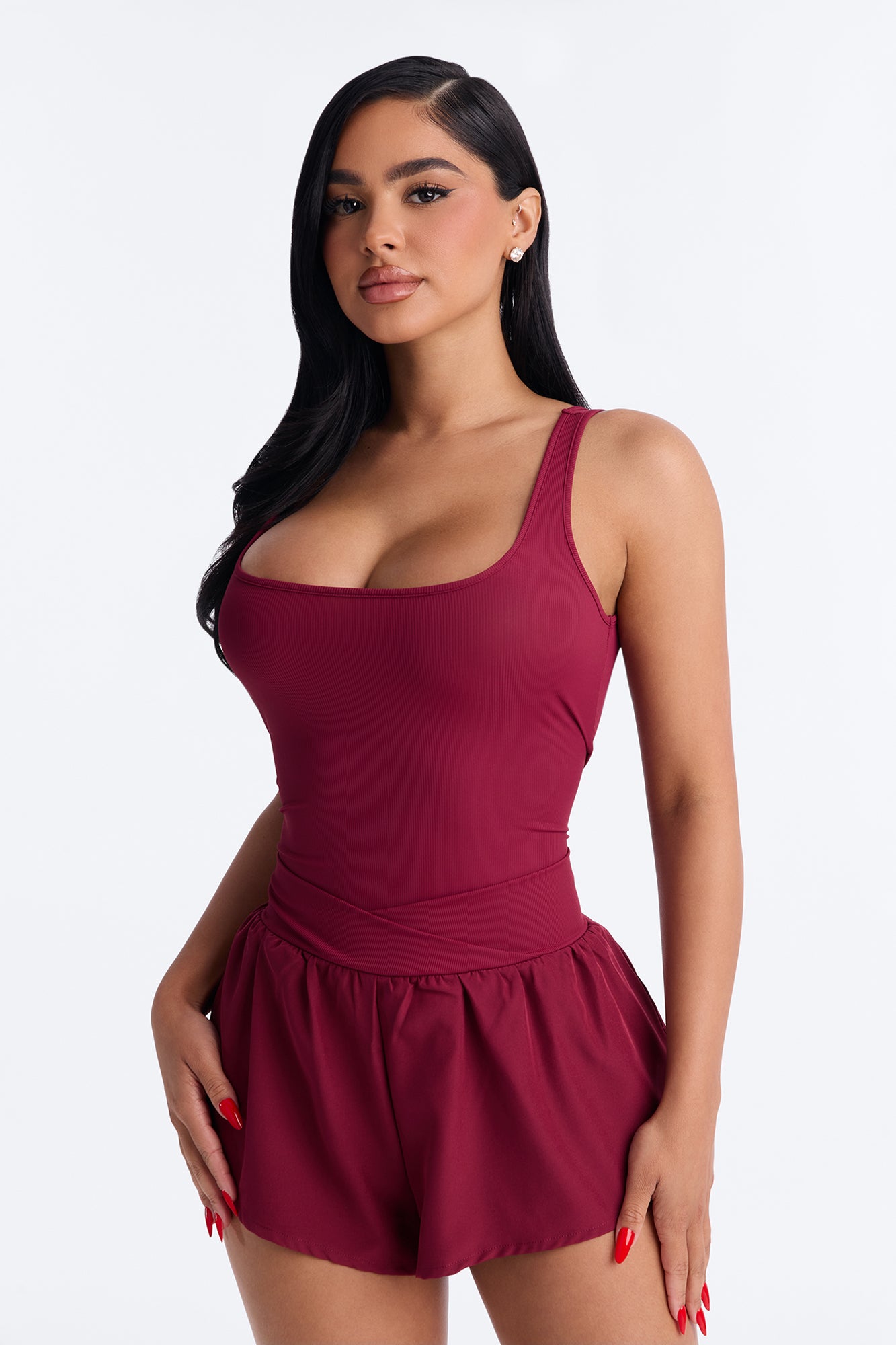 Tennis Court Baddie Sleeveless Windbreak Short Romper - Burgundy