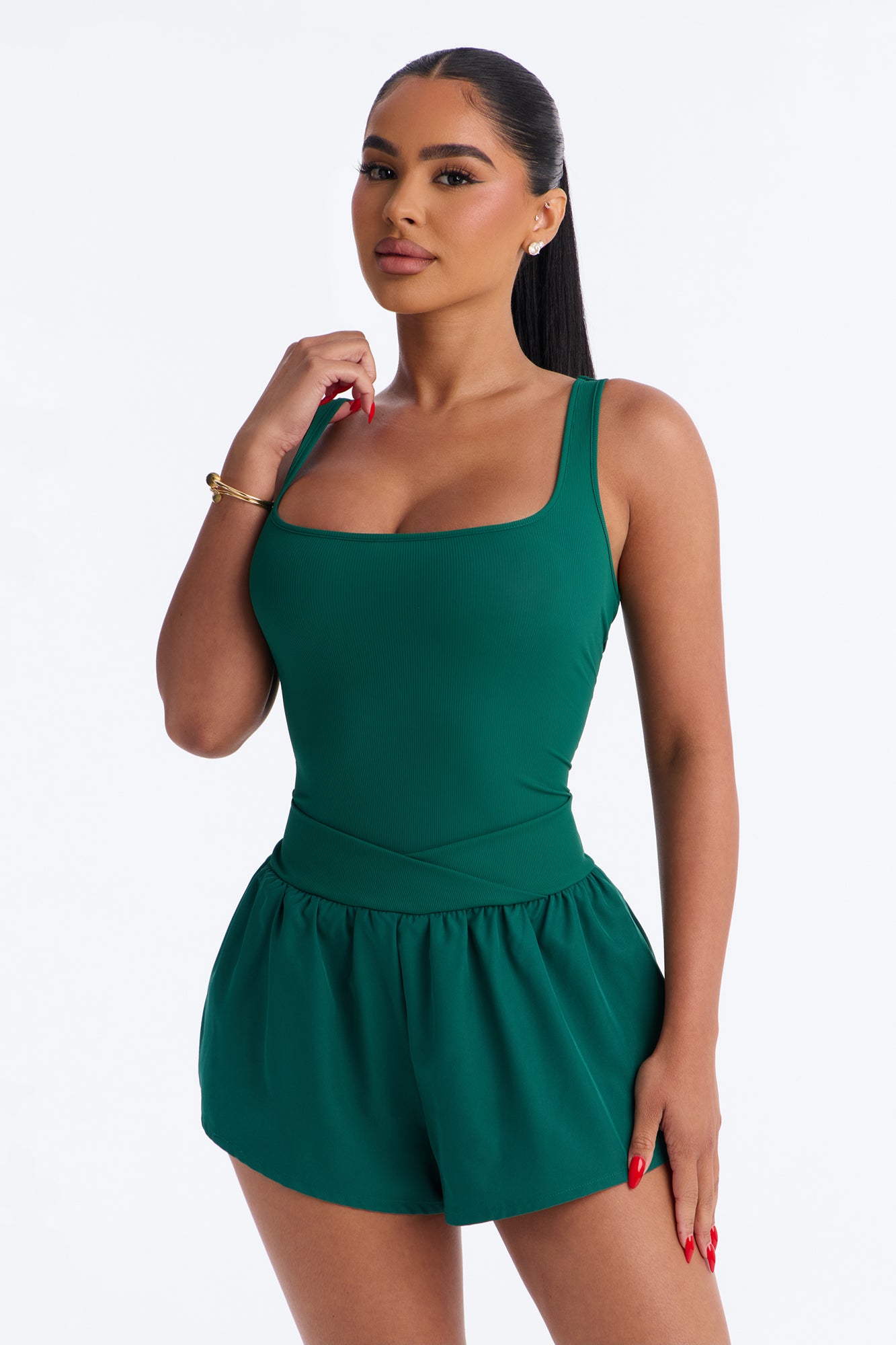 Tennis Court Baddie Sleeveless Windbreak Short Romper - Hunter