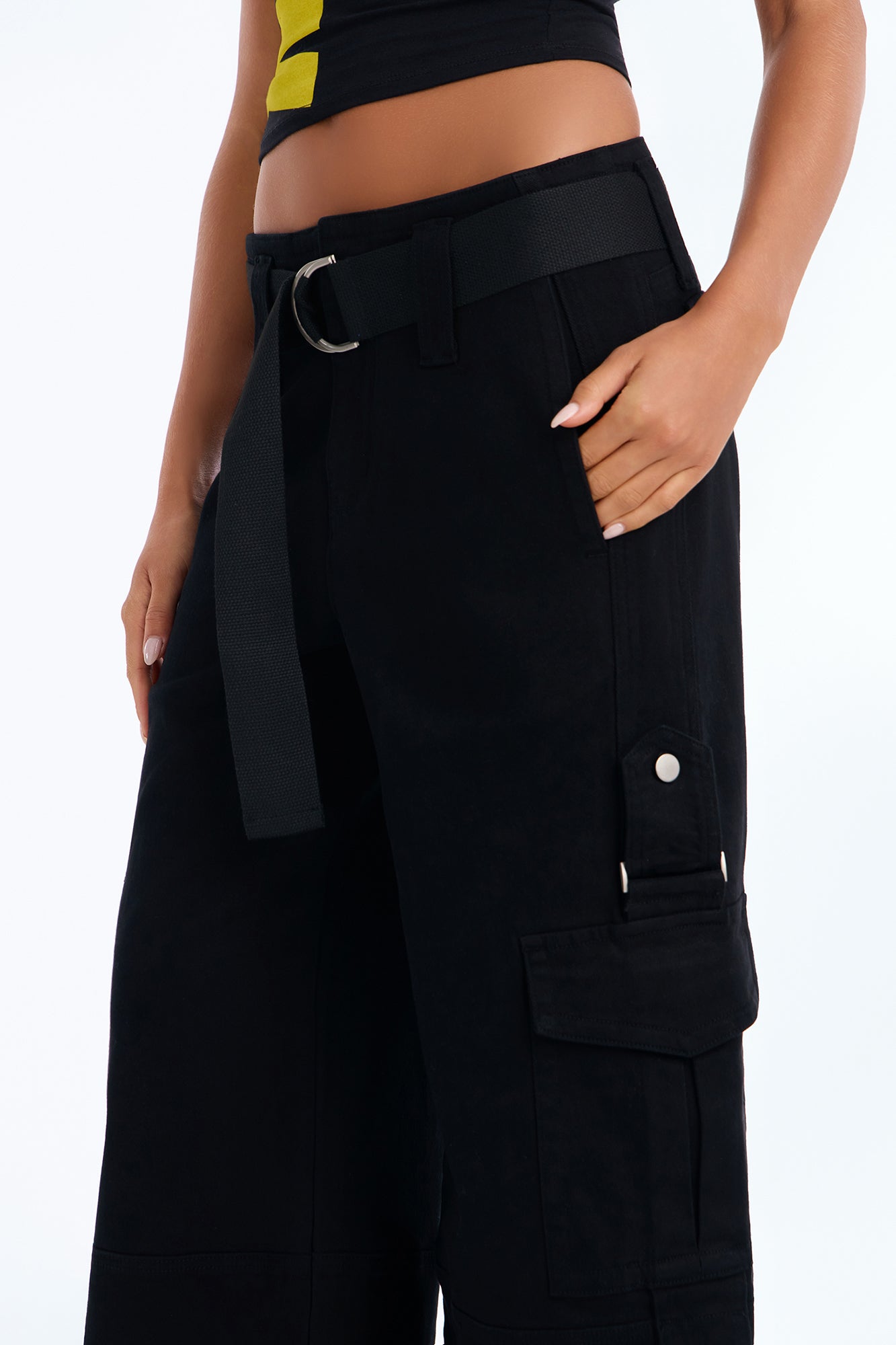 Natalia High Rise Cargo Belted Wide Leg Pant 33″ - Black