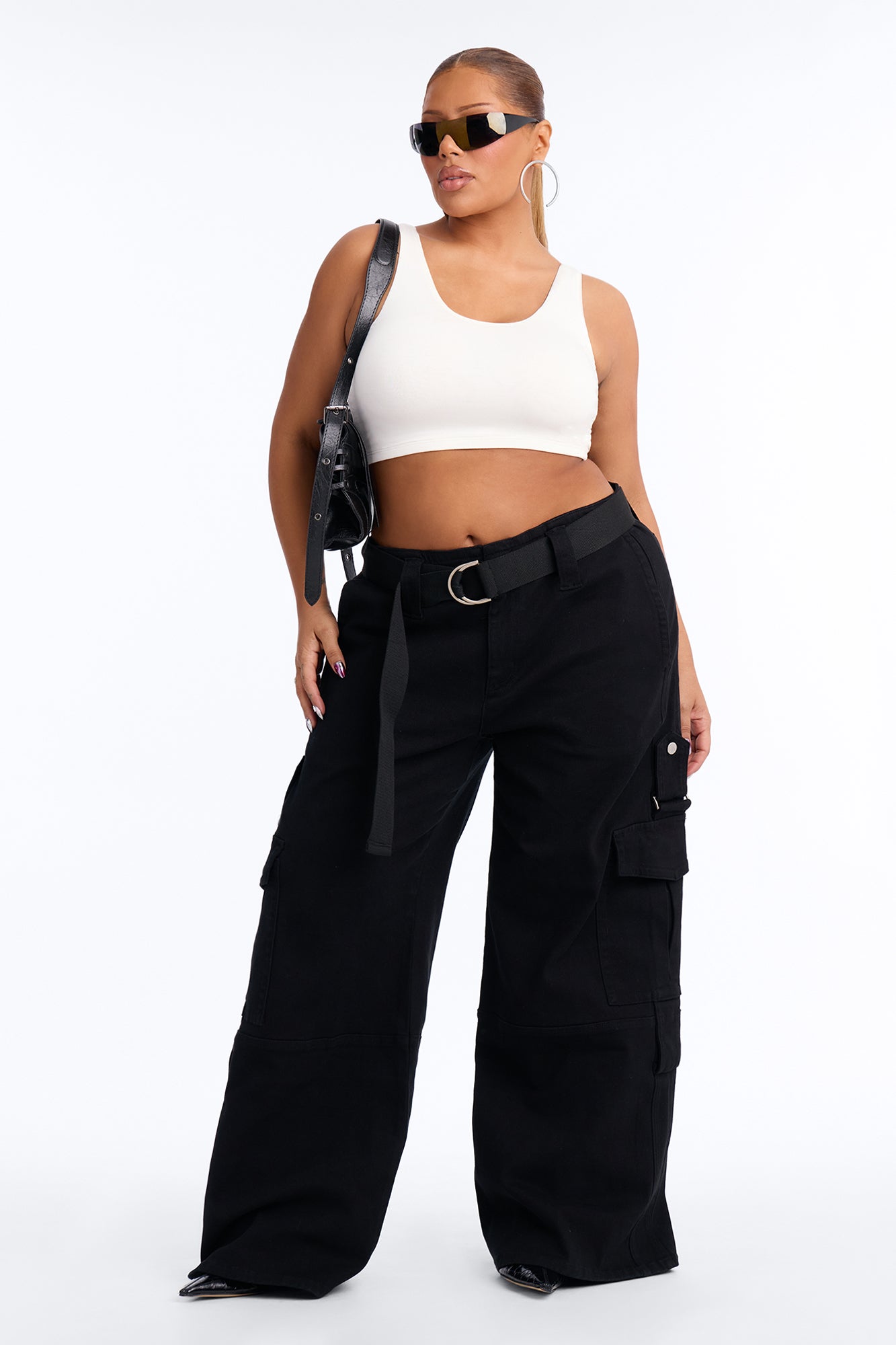Natalia High Rise Cargo Belted Wide Leg Pant 33″ - Black