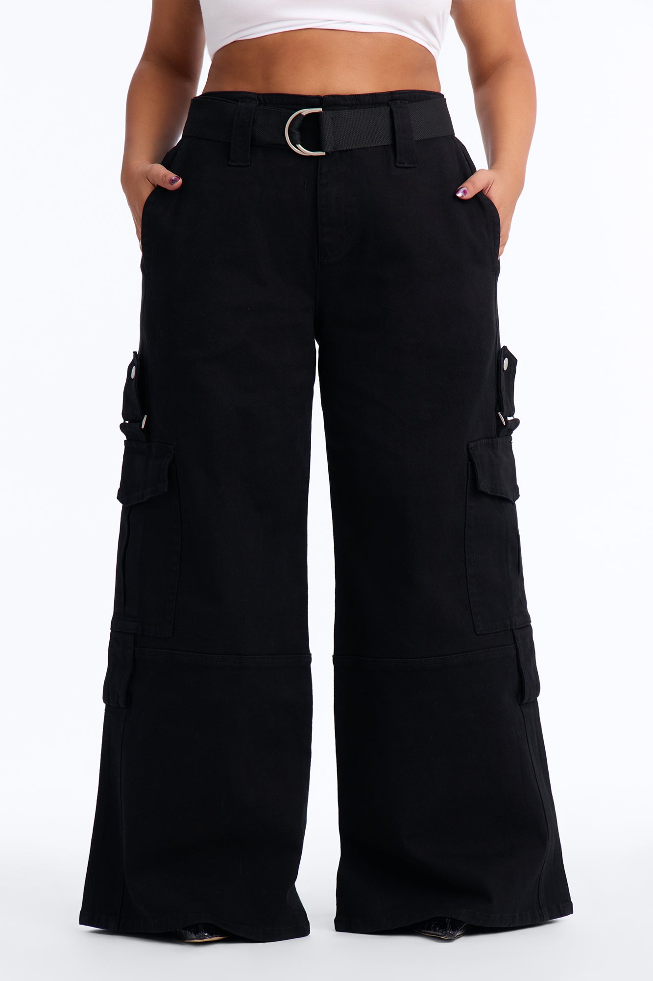 Natalia High Rise Cargo Belted Wide Leg Pant 33″ - Black