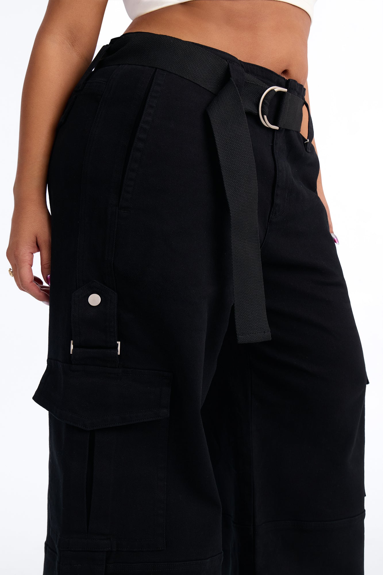 Natalia High Rise Cargo Belted Wide Leg Pant 33″ - Black