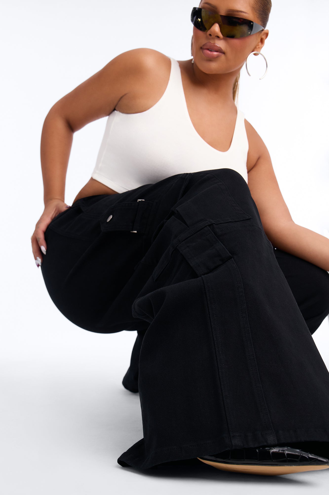 Natalia High Rise Cargo Belted Wide Leg Pant 33″ - Black