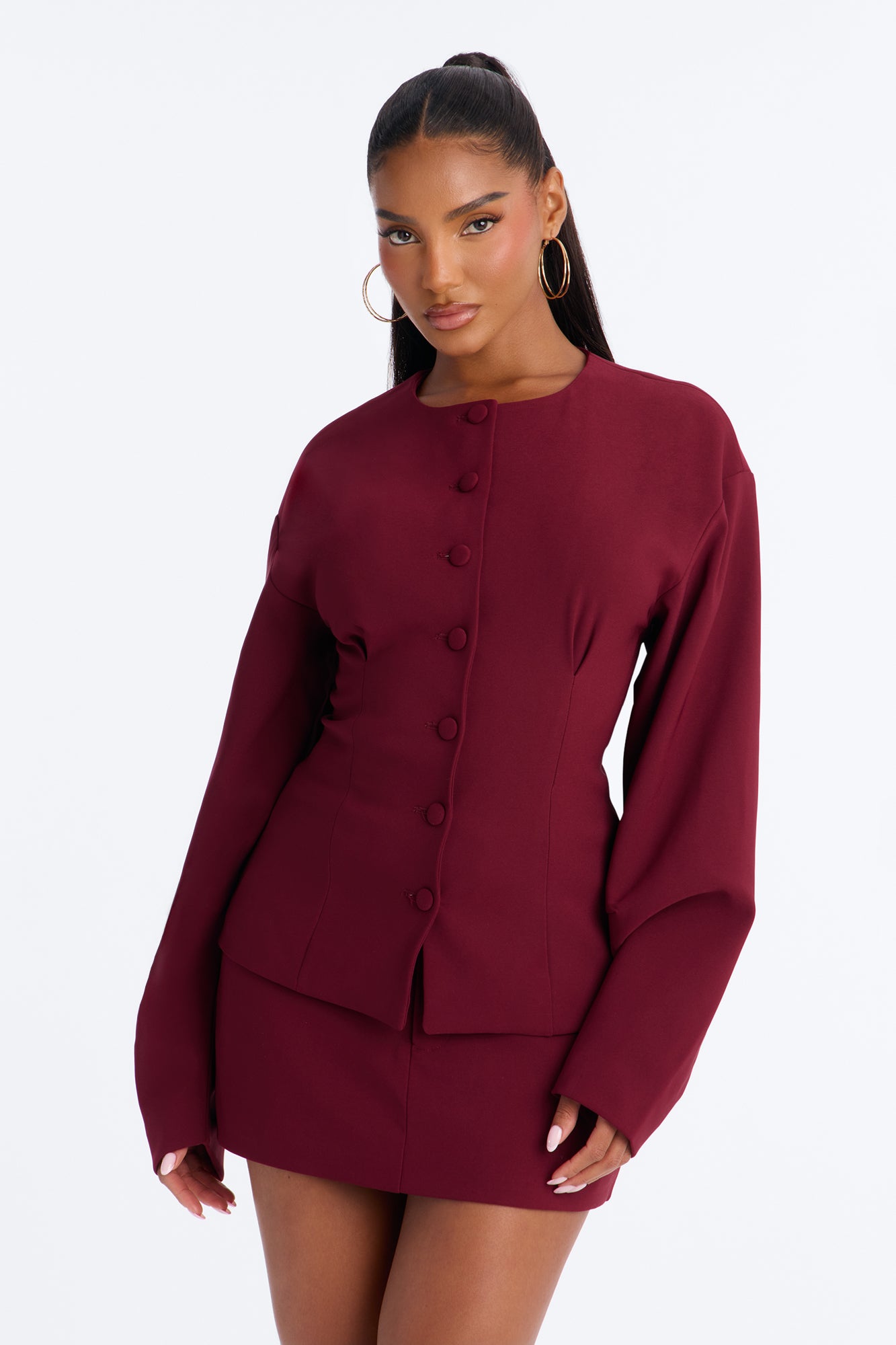 Happy Hour Fitted Waist Collarless Boxy Blazer - Wine