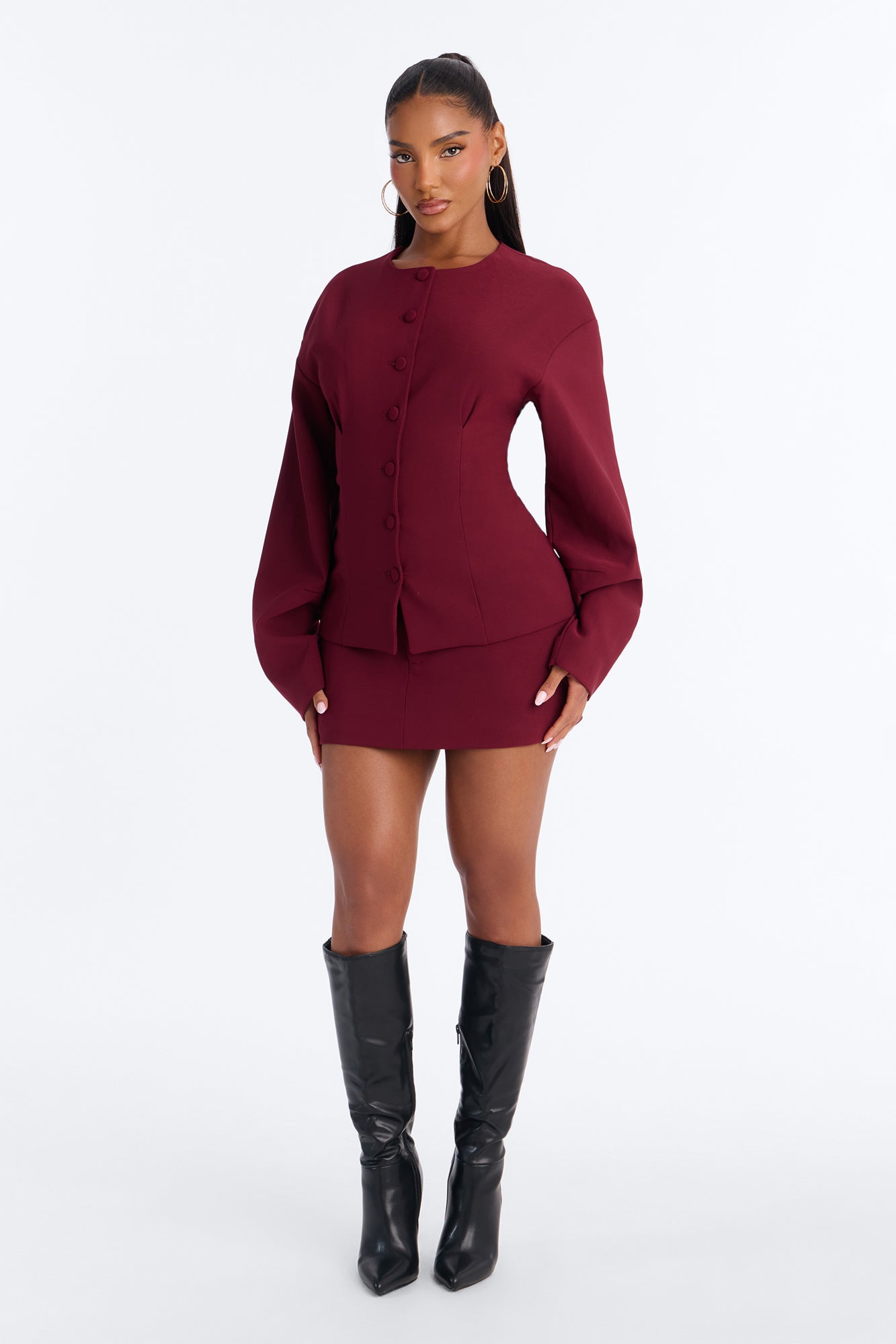 Happy Hour Fitted Waist Collarless Boxy Blazer - Wine