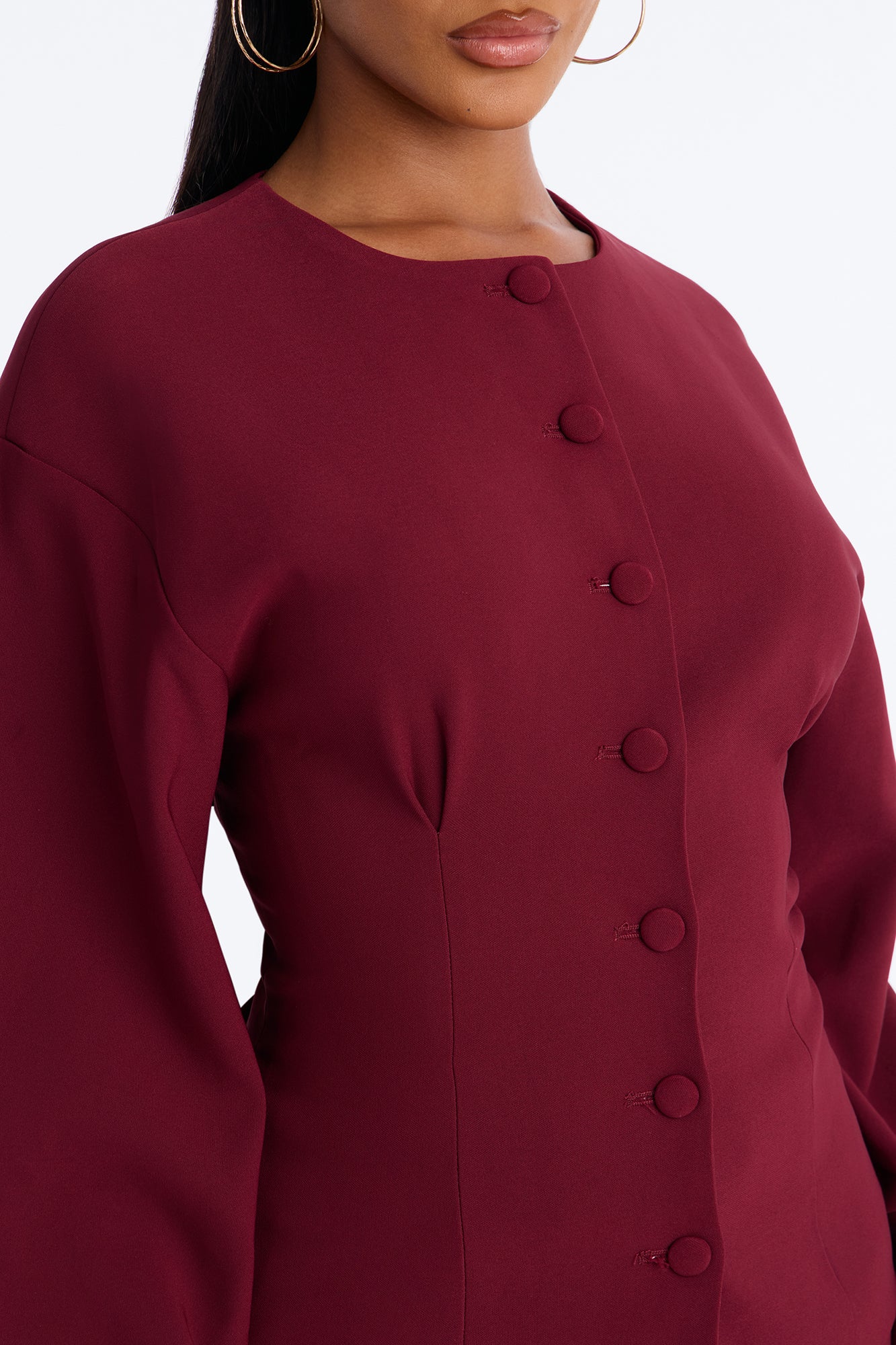 Happy Hour Fitted Waist Collarless Boxy Blazer - Wine