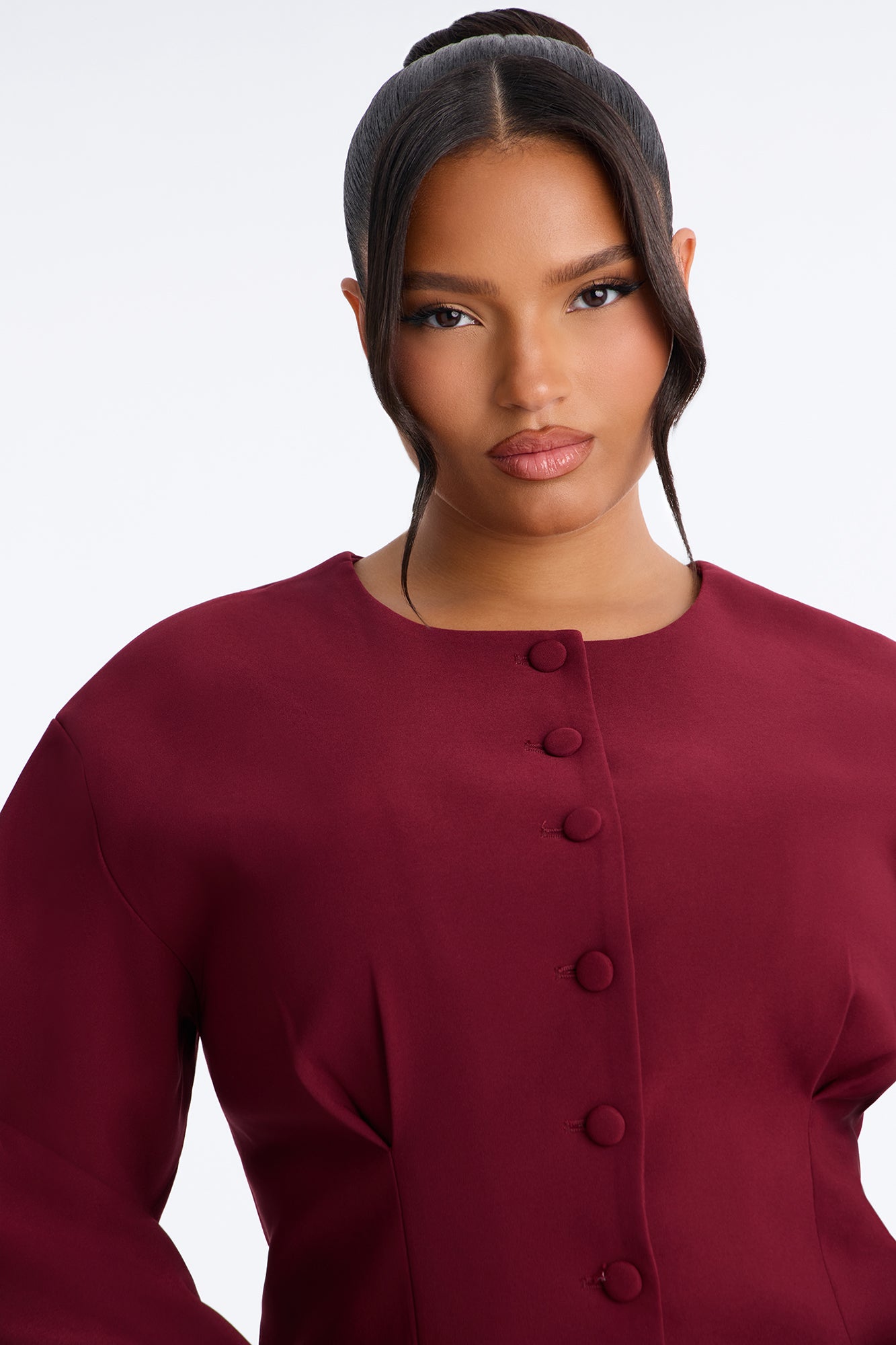 Happy Hour Fitted Waist Collarless Boxy Blazer - Wine