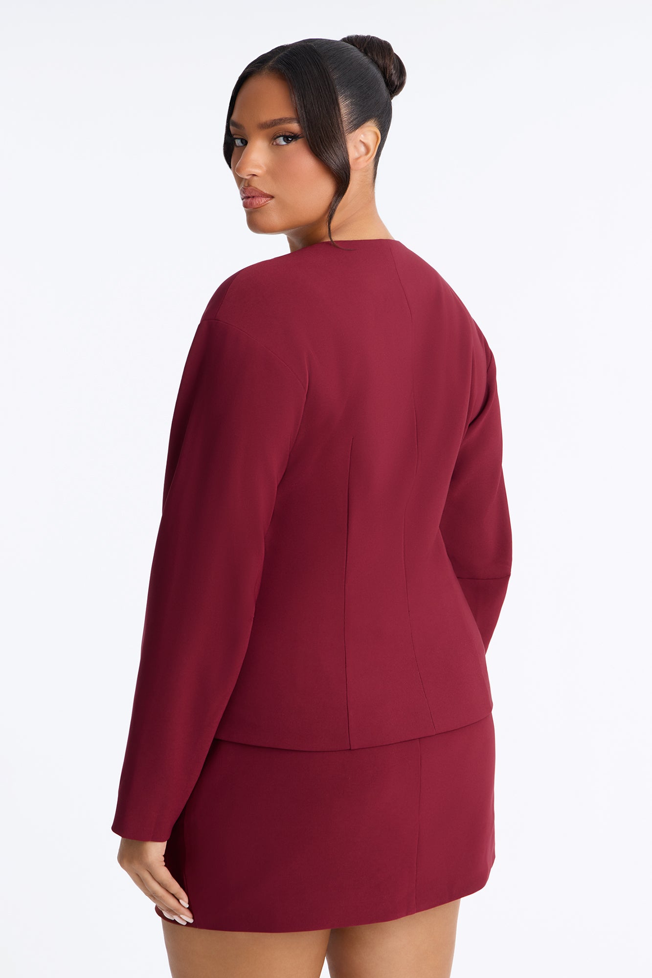 Happy Hour Fitted Waist Collarless Boxy Blazer - Wine