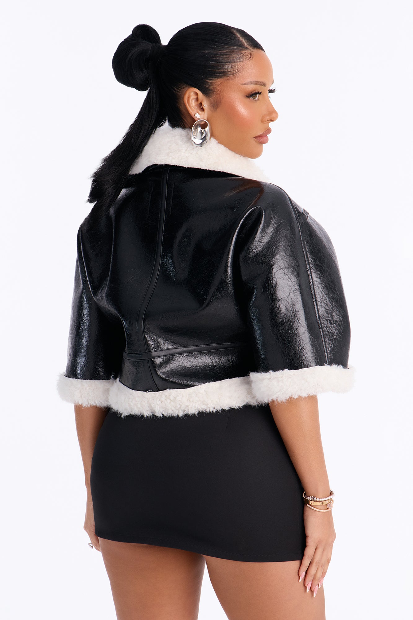 She's Sassy Short Sleeve Faux Leather Cropped Moto Jacket - Black